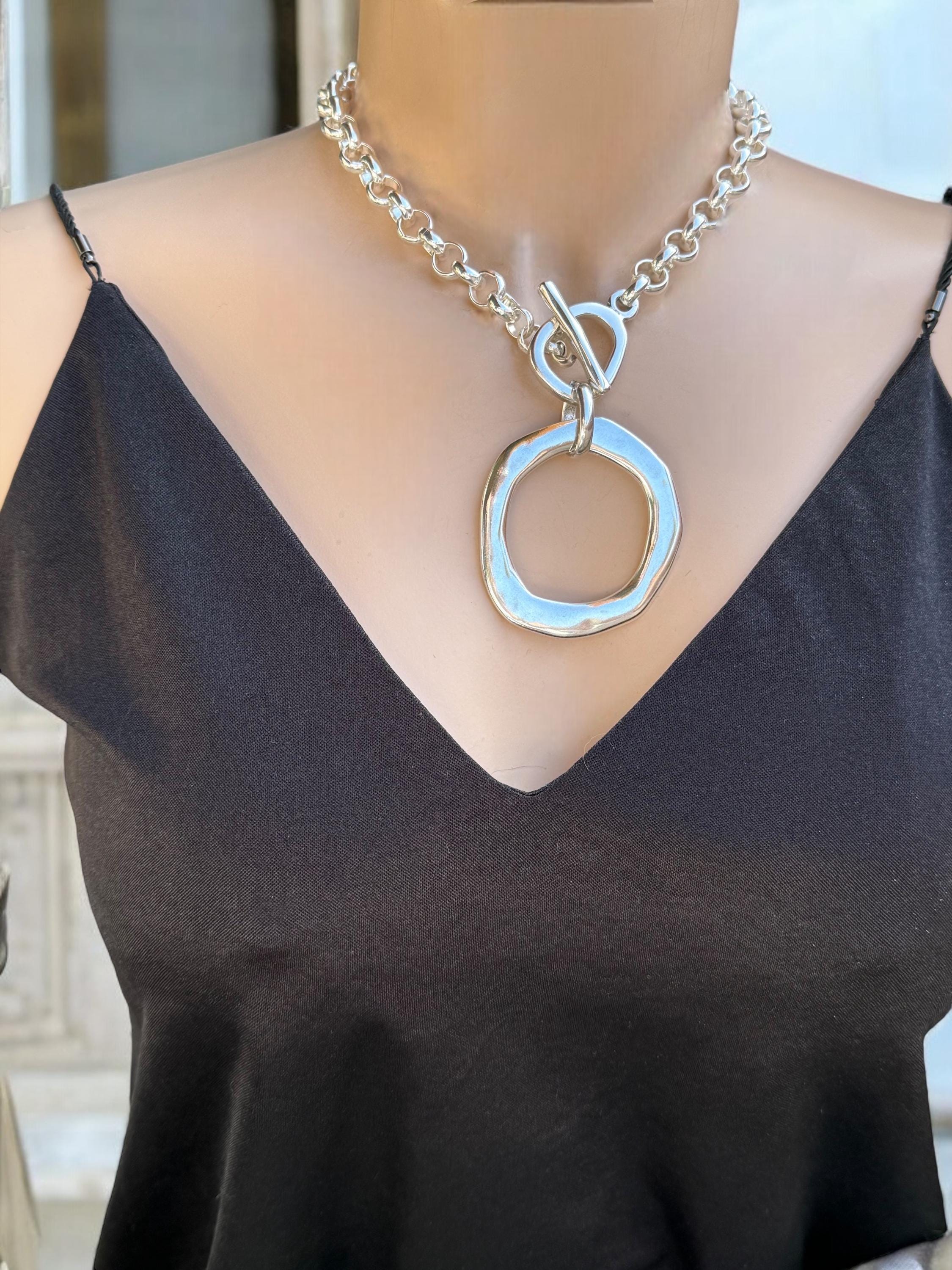 Statement circle pendant chunky chain silver plated toggle necklace, bold handmade jewelry