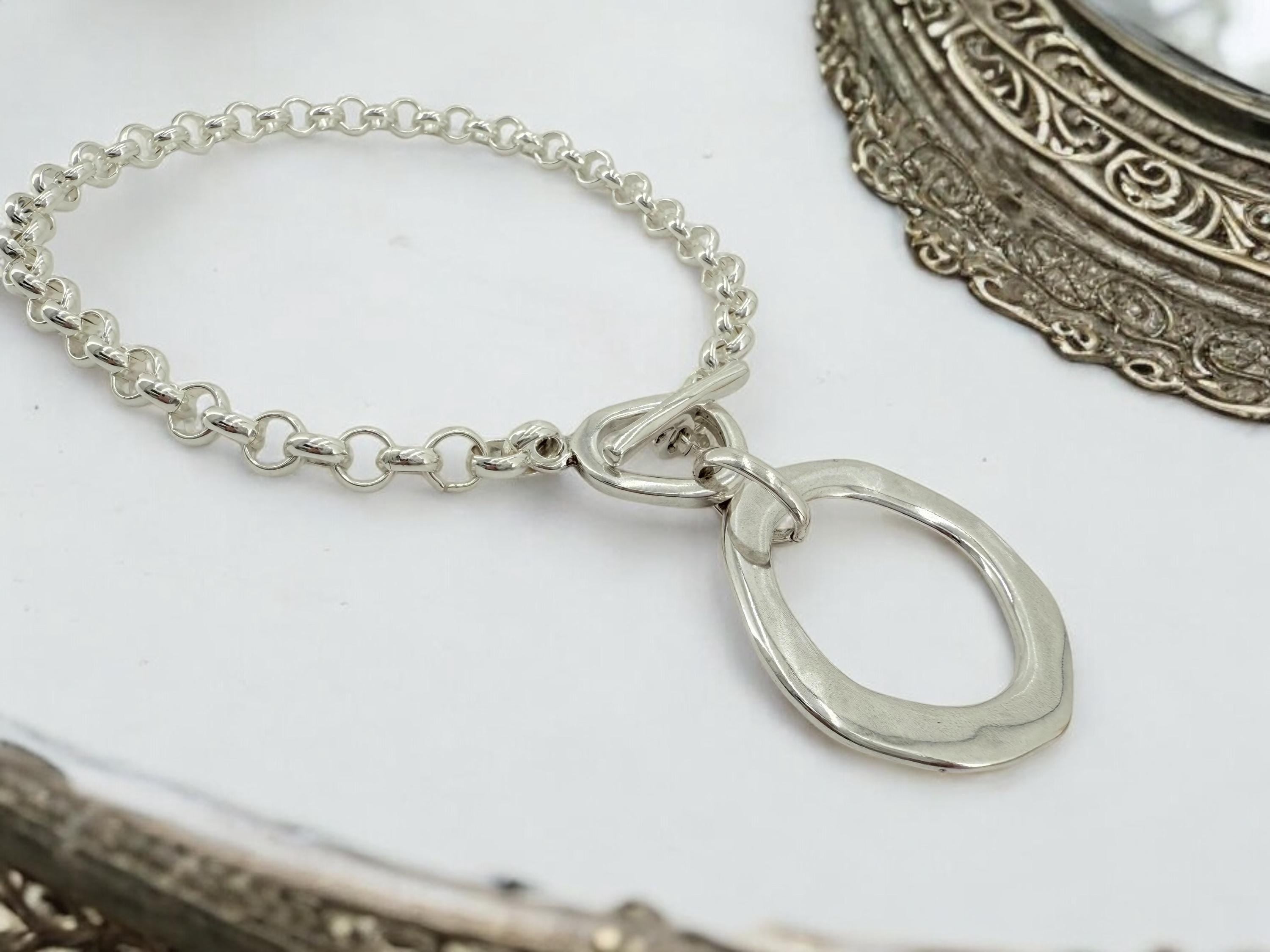 Statement circle pendant chunky chain silver plated toggle necklace, bold handmade jewelry