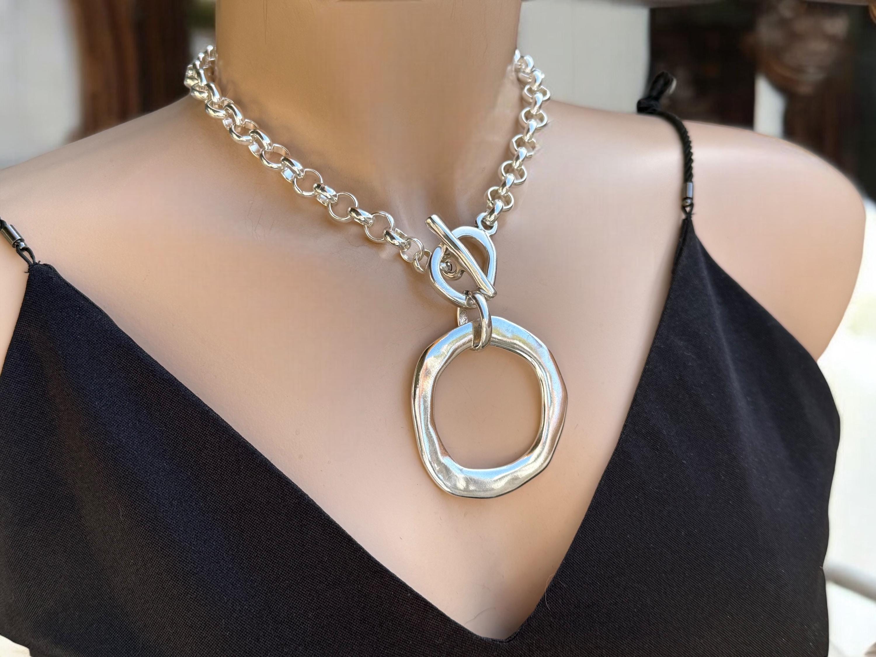 Statement circle pendant chunky chain silver plated toggle necklace, bold handmade jewelry