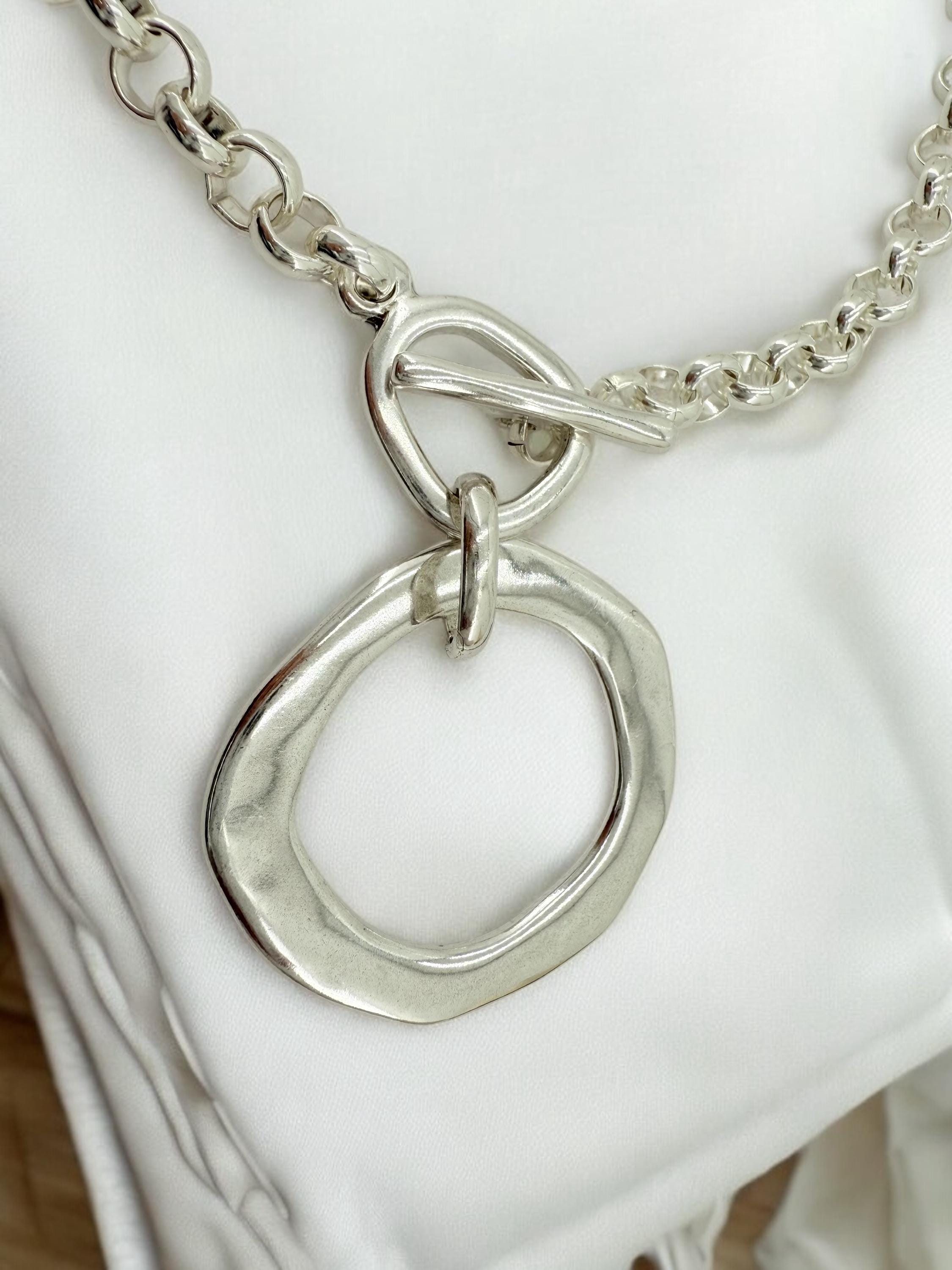 Statement circle pendant chunky chain silver plated toggle necklace, bold handmade jewelry