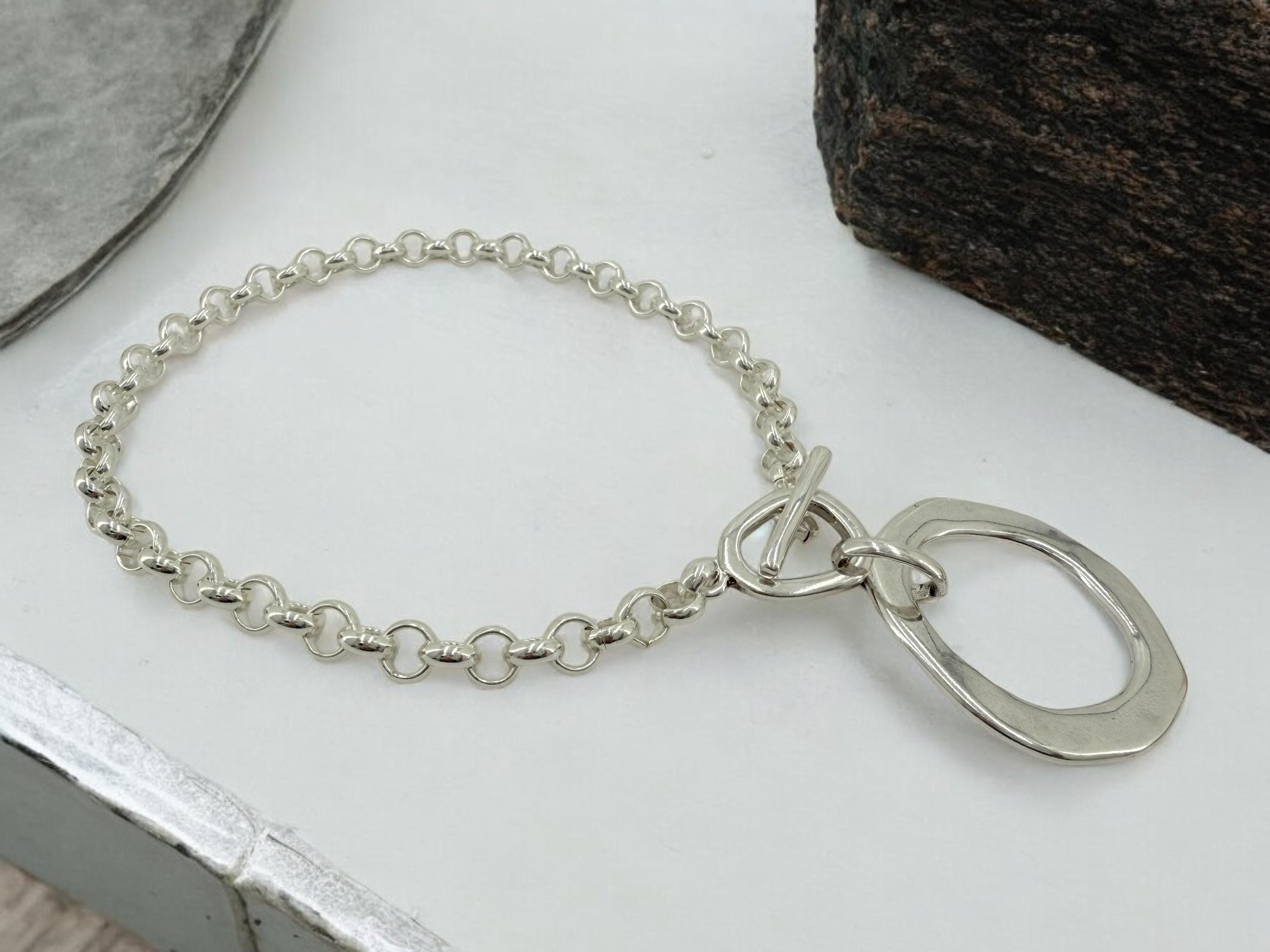 Statement circle pendant chunky chain silver plated toggle necklace, bold handmade jewelry