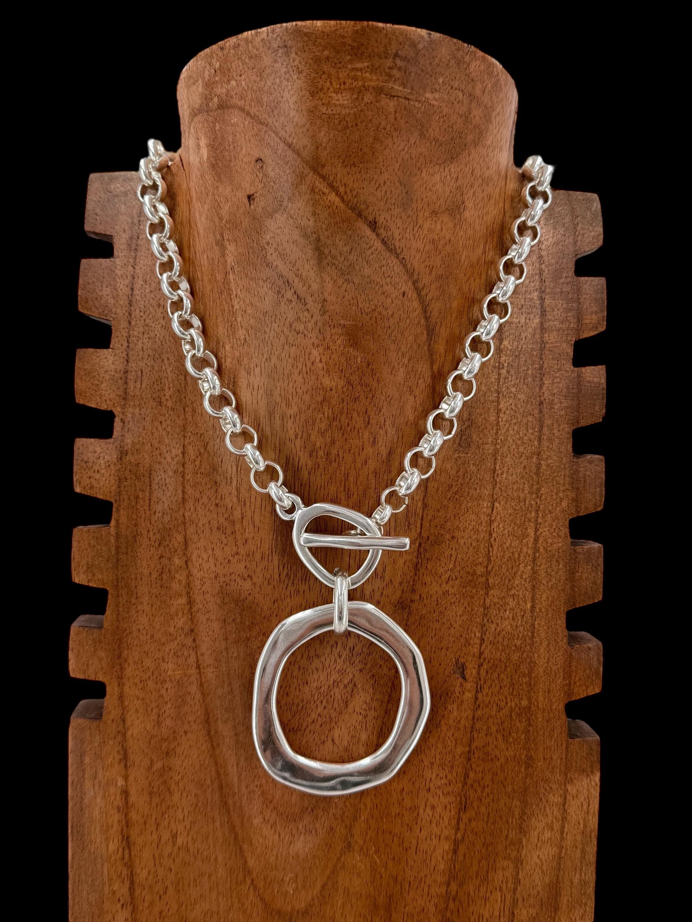 Statement circle pendant chunky chain silver plated toggle necklace, bold handmade jewelry