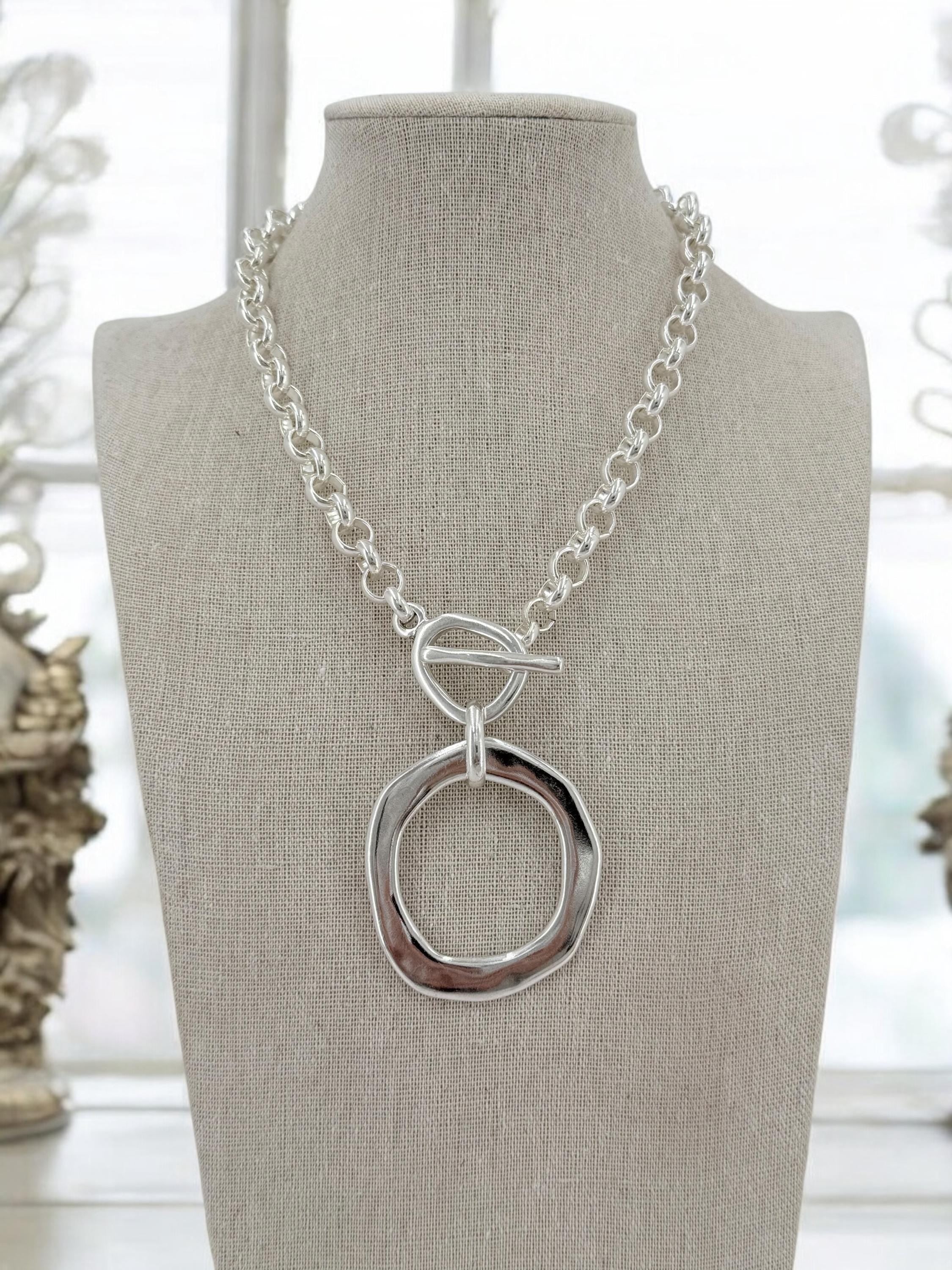 Statement circle pendant chunky chain silver plated toggle necklace, bold handmade jewelry