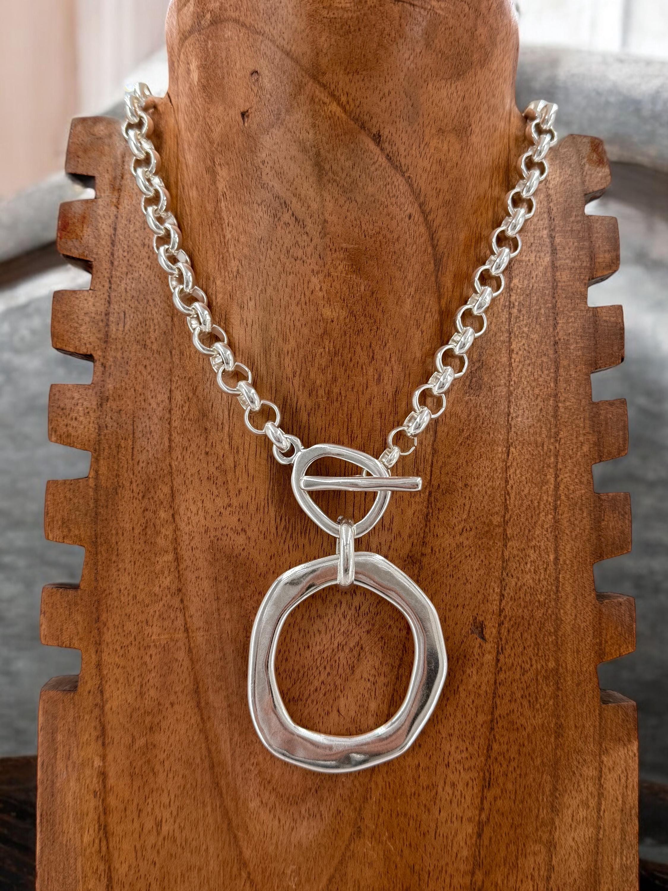 Statement circle pendant chunky chain silver plated toggle necklace, bold handmade jewelry