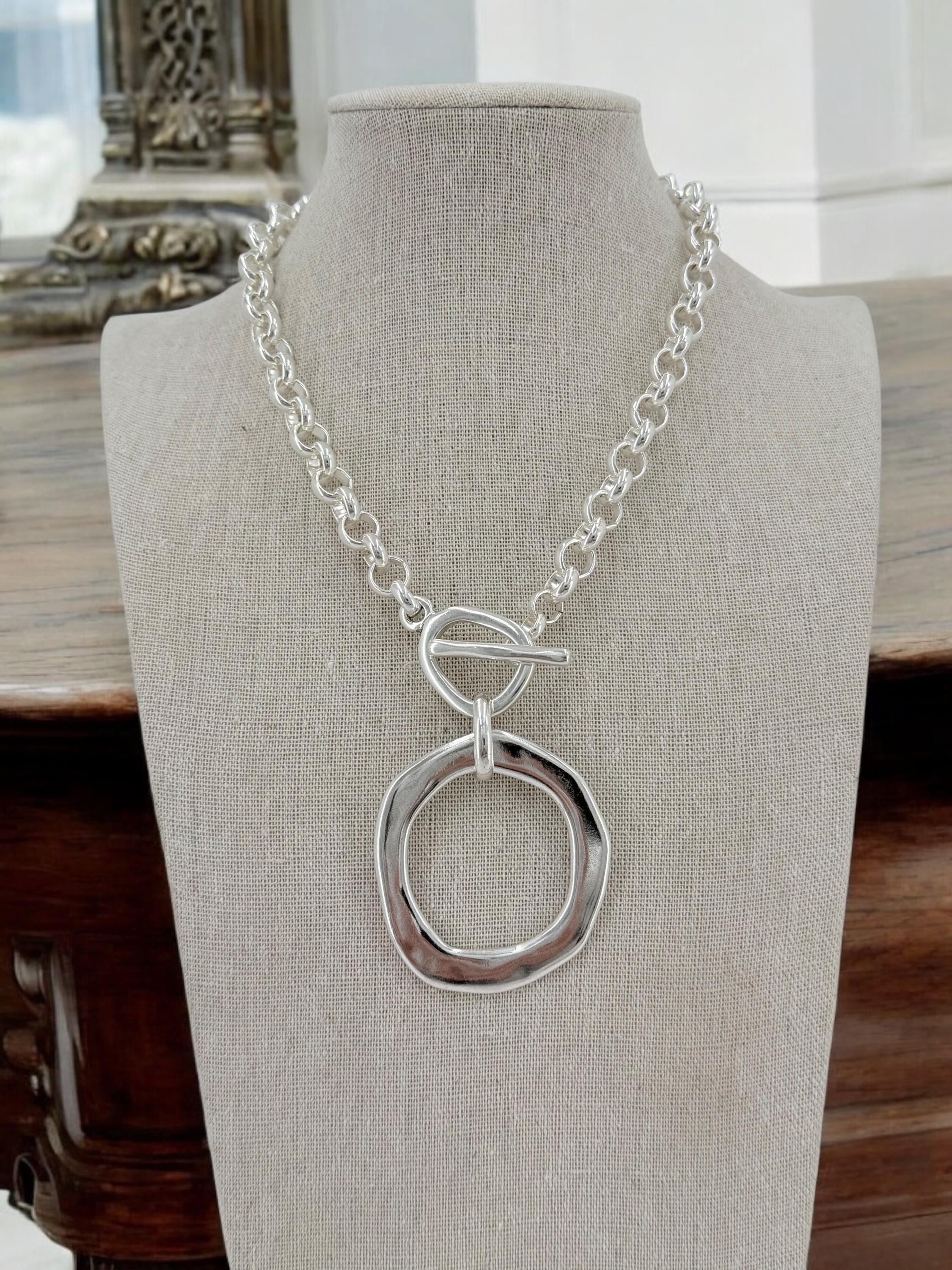 Statement circle pendant chunky chain silver plated toggle necklace, bold handmade jewelry