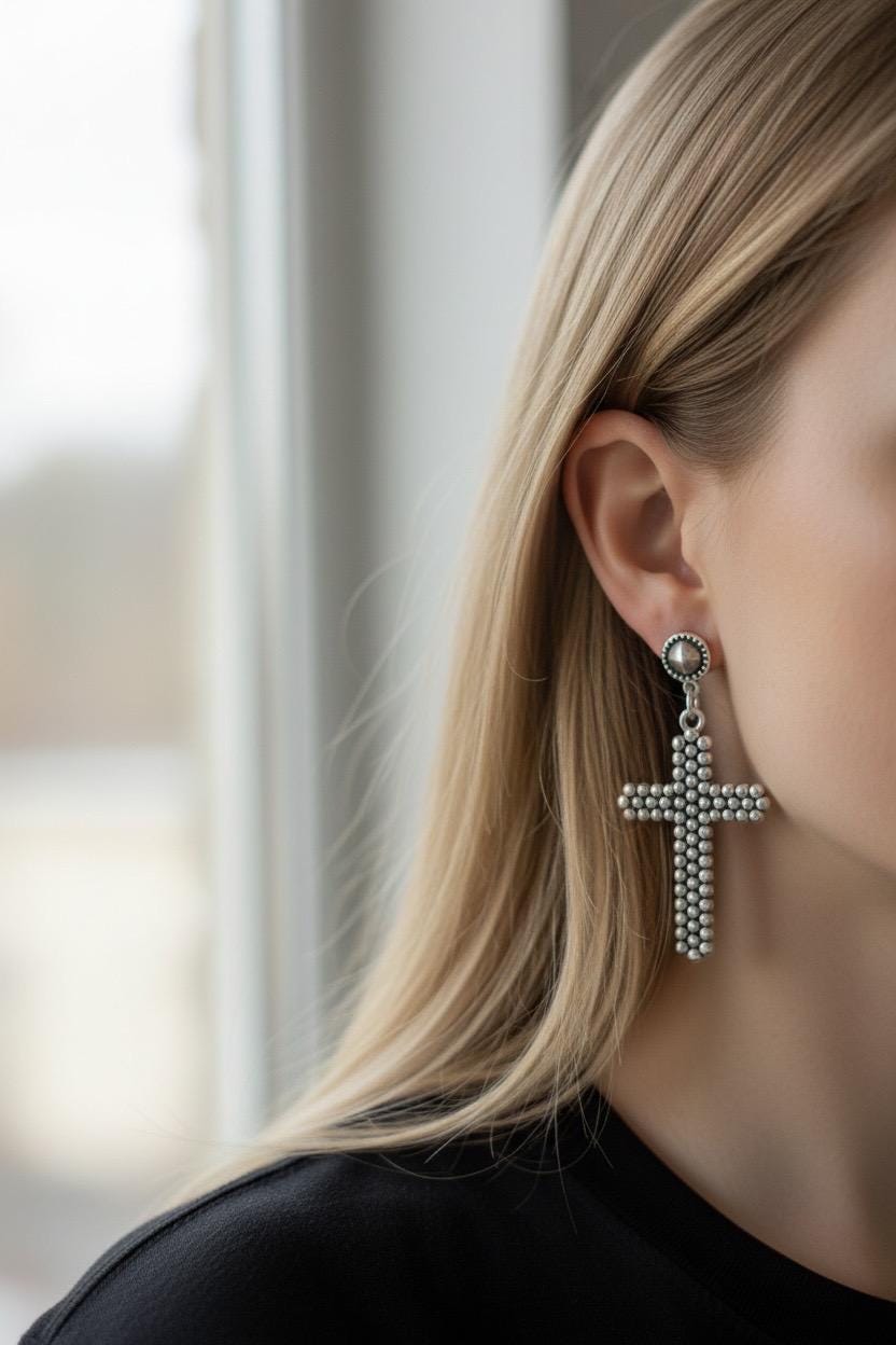 Chunky silver cross earrings, oversize rock style, statement bold jewelry