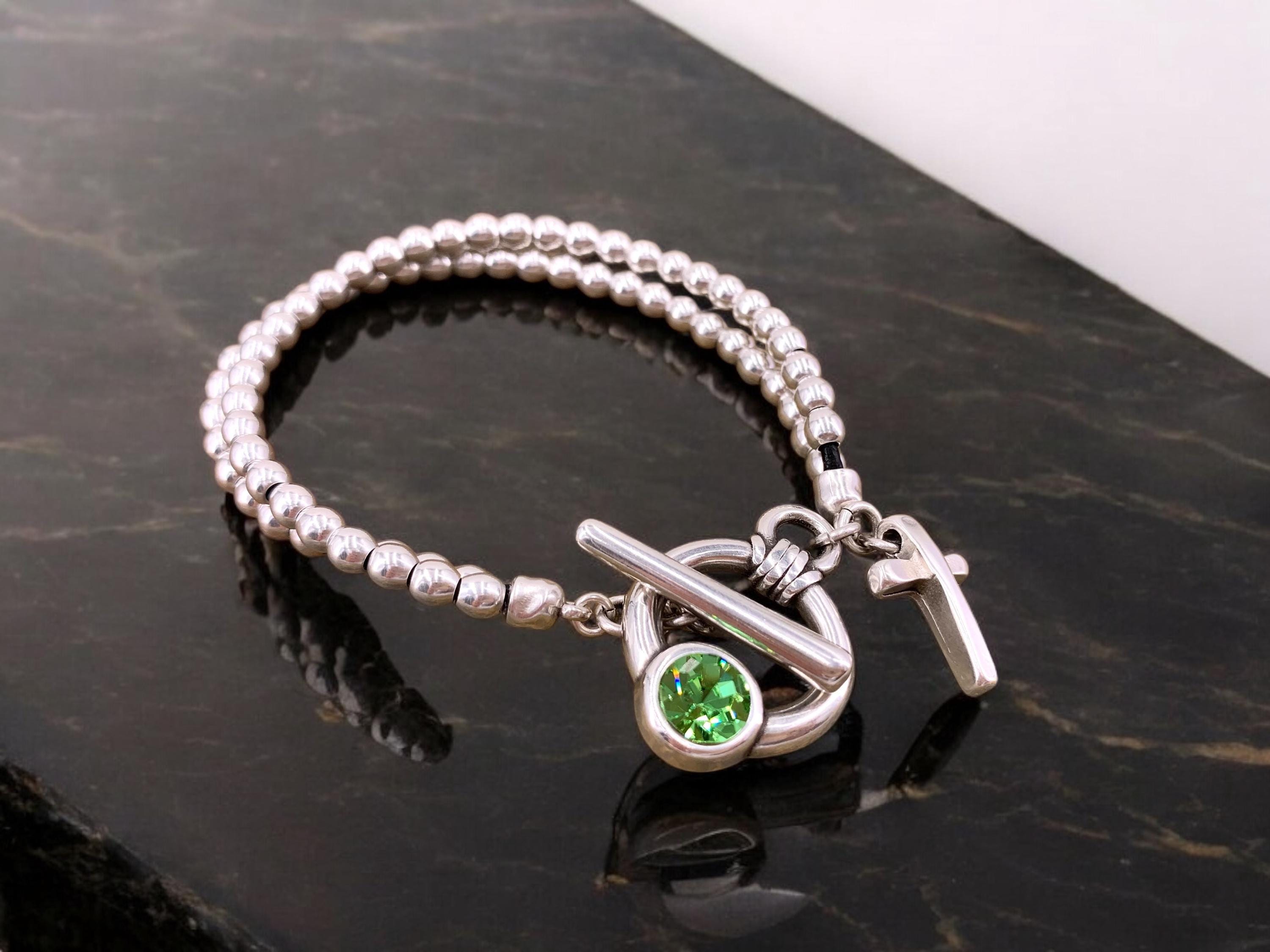 Handmade  silver beaded cross charm Bracelet with toggle clasp and Swarovski accent