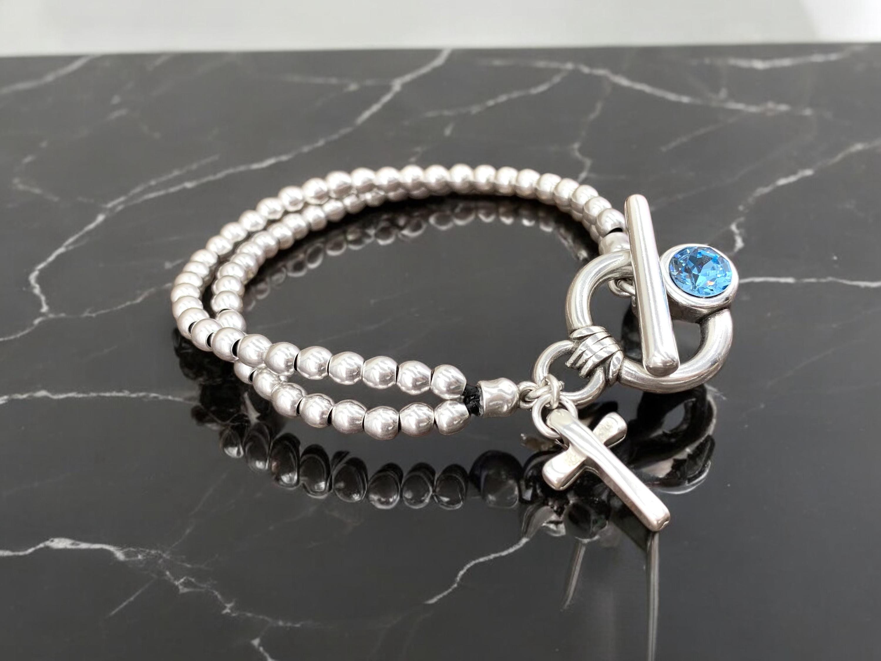 Handmade  silver beaded cross charm Bracelet with toggle clasp and Swarovski accent