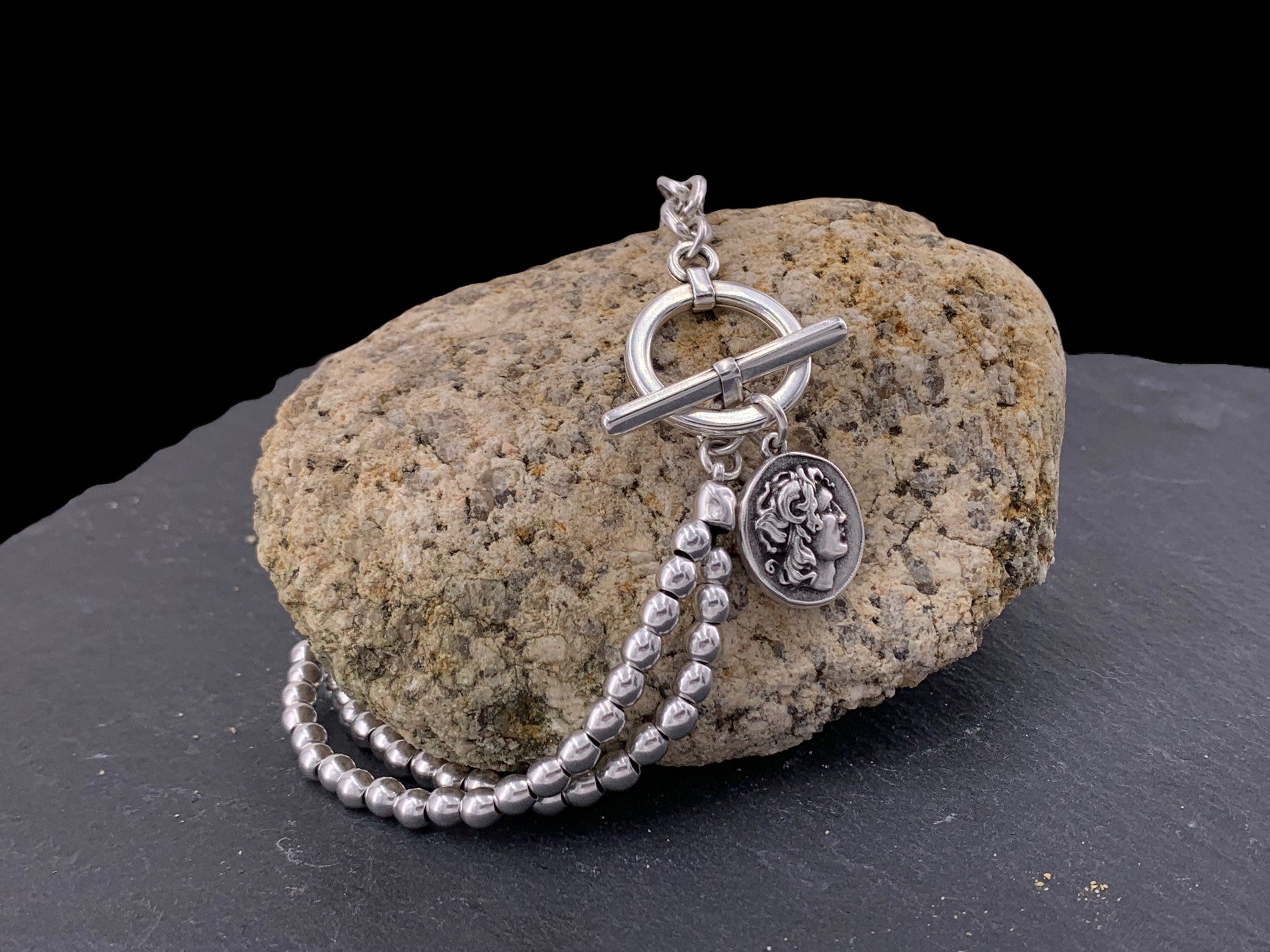 chunky silver necklace, coin pendant necklace, bold chain choker, chunky beaded dangle necklace, toggle clasp choker,  style,