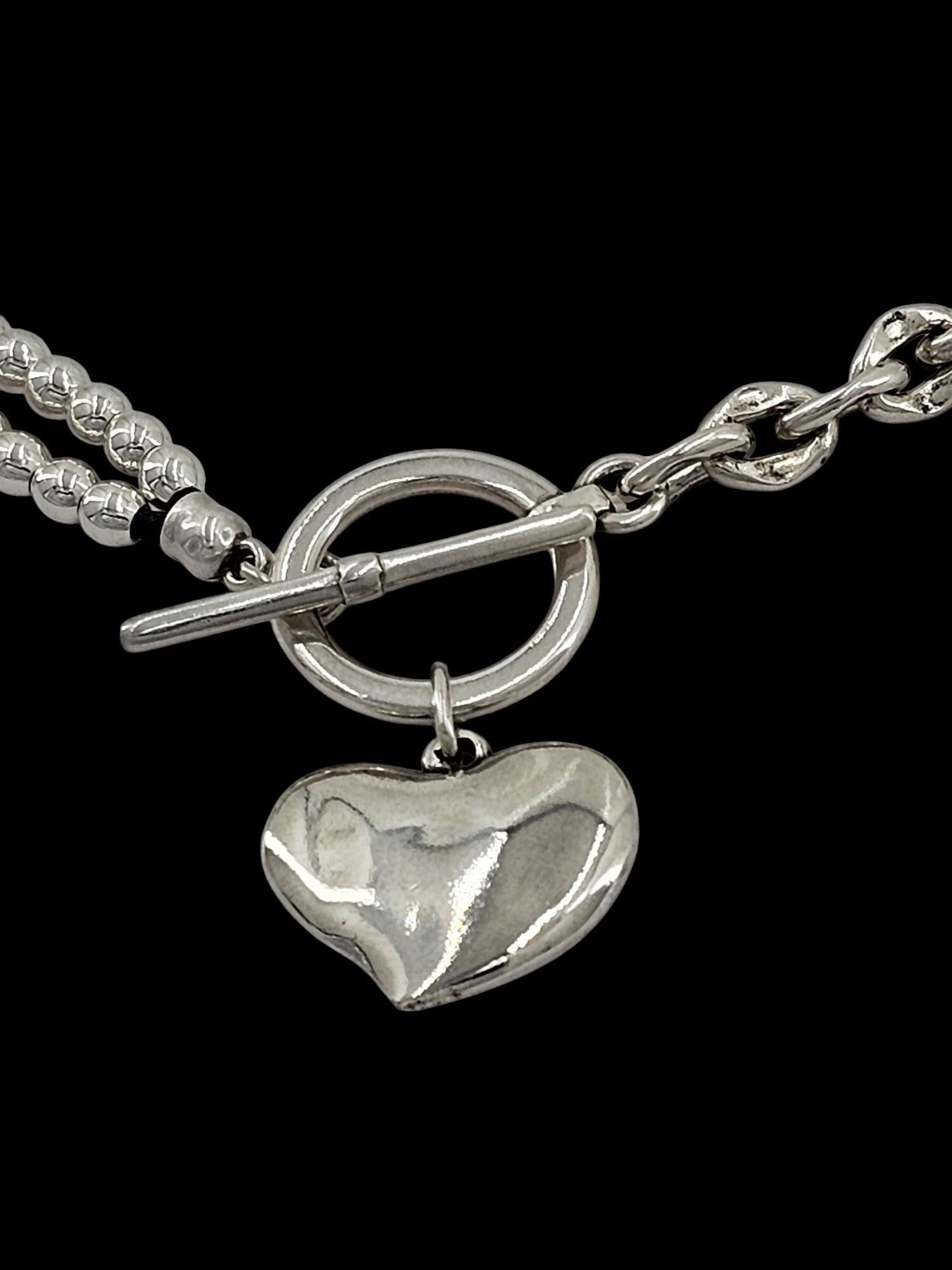 chunky silver necklace, coin pendant necklace, bold chain choker, chunky beaded dangle necklace, toggle clasp choker,  style,