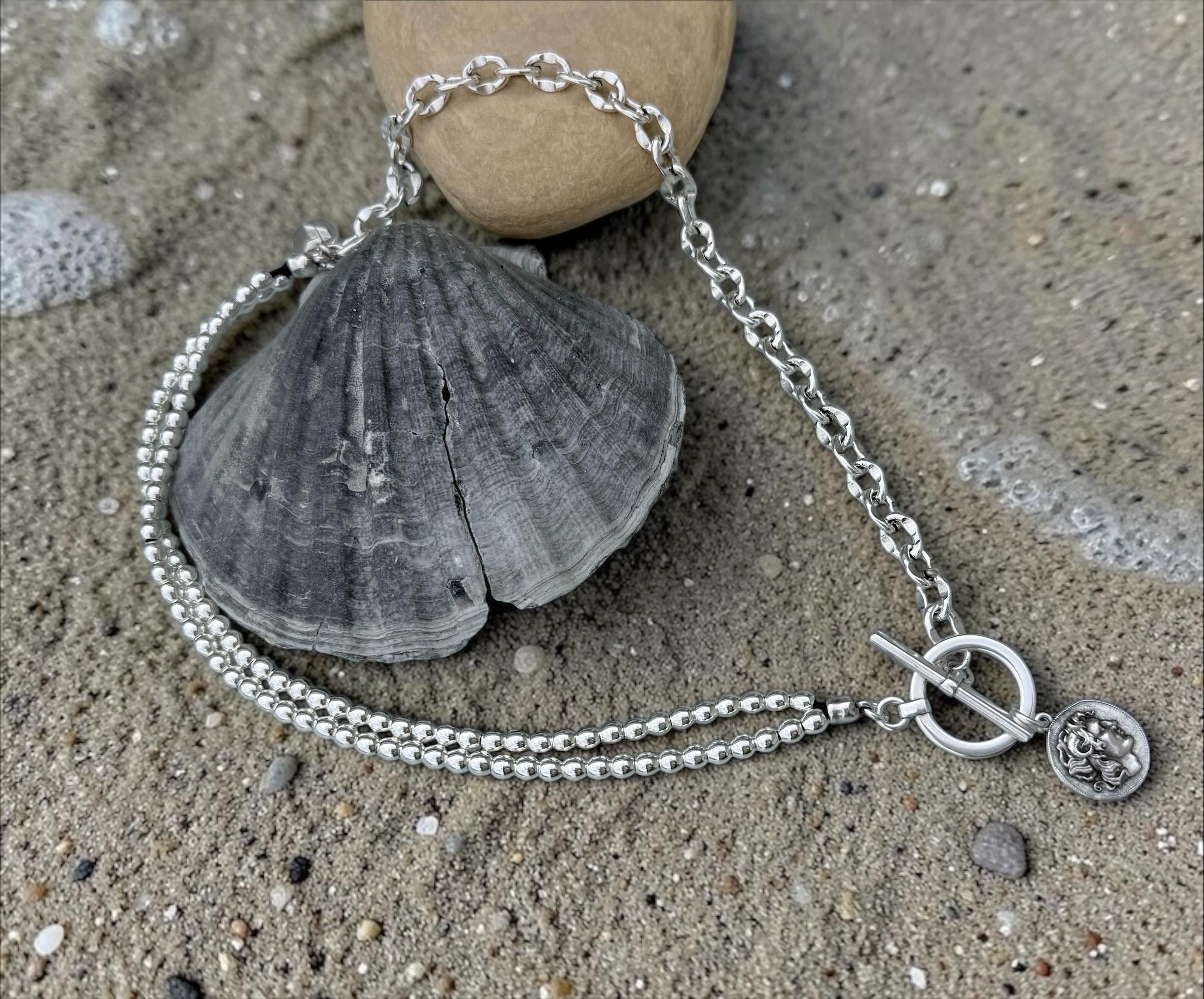 chunky silver necklace, coin pendant necklace, bold chain choker, chunky beaded dangle necklace, toggle clasp choker,  style,
