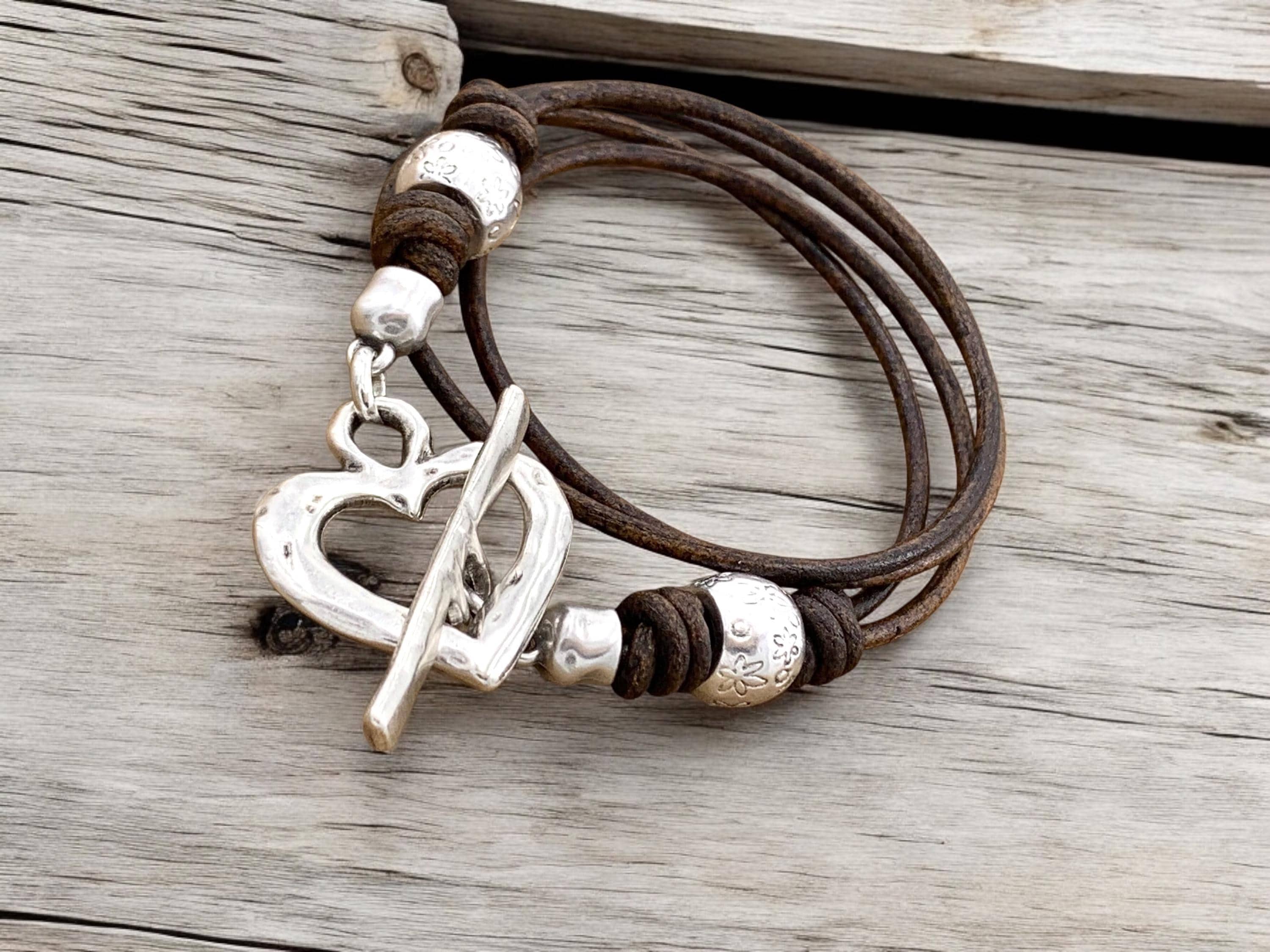 Leather multi strand bracelet with silver heart toggle clasp, handmade customized jewelry