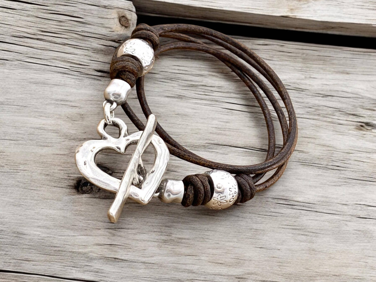 Leather multi strand bracelet with silver heart toggle clasp, handmade customized jewelry