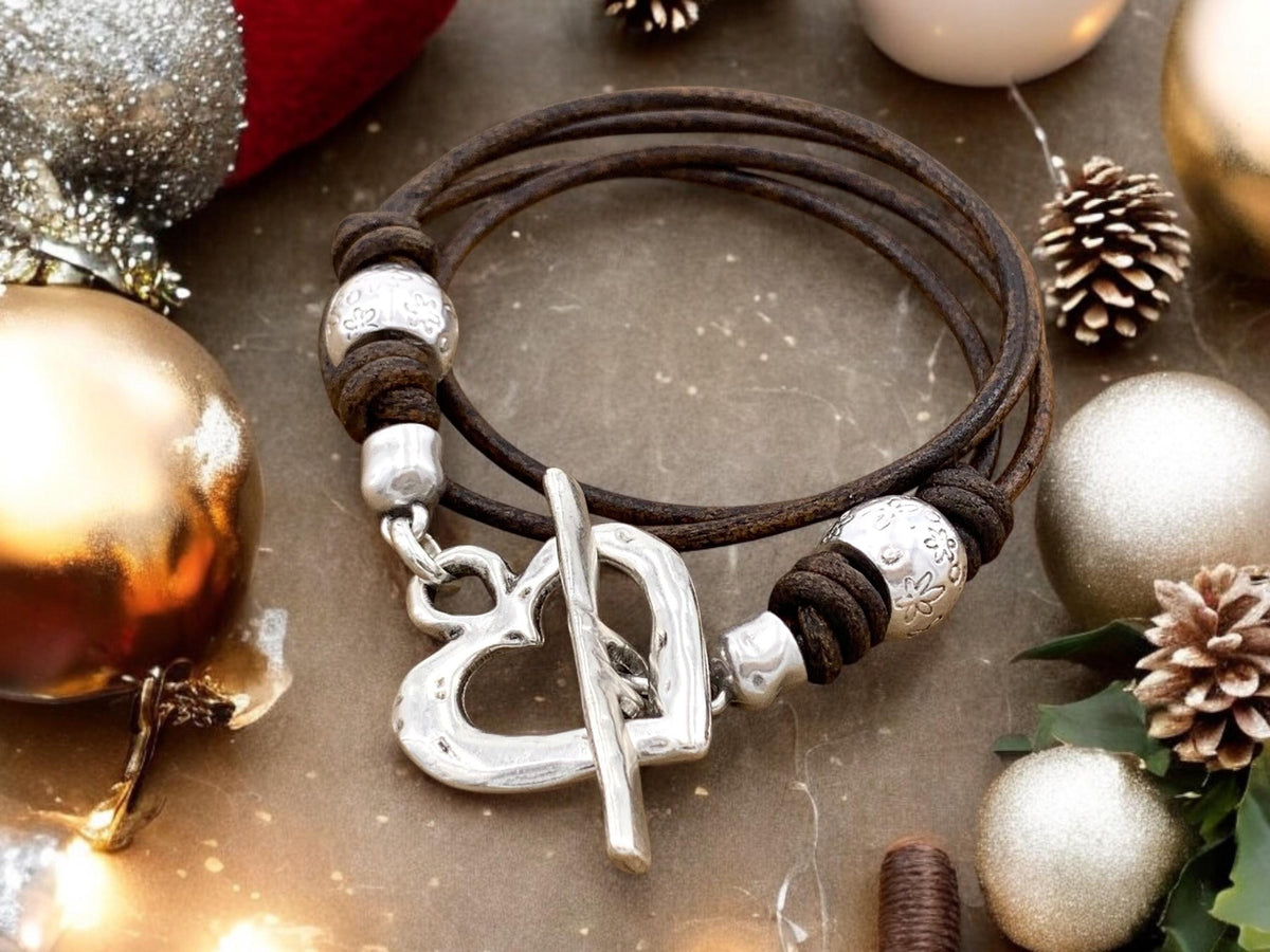 Leather multi strand bracelet with silver heart toggle clasp, handmade customized jewelry