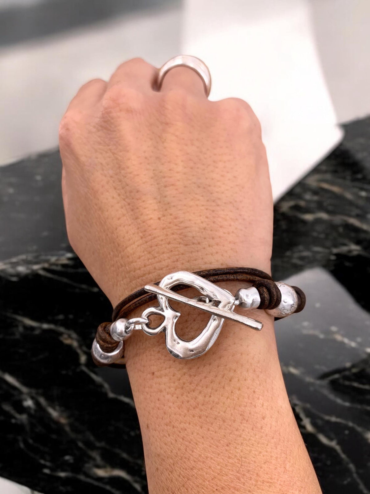 Leather multi strand bracelet with silver heart toggle clasp, handmade customized jewelry