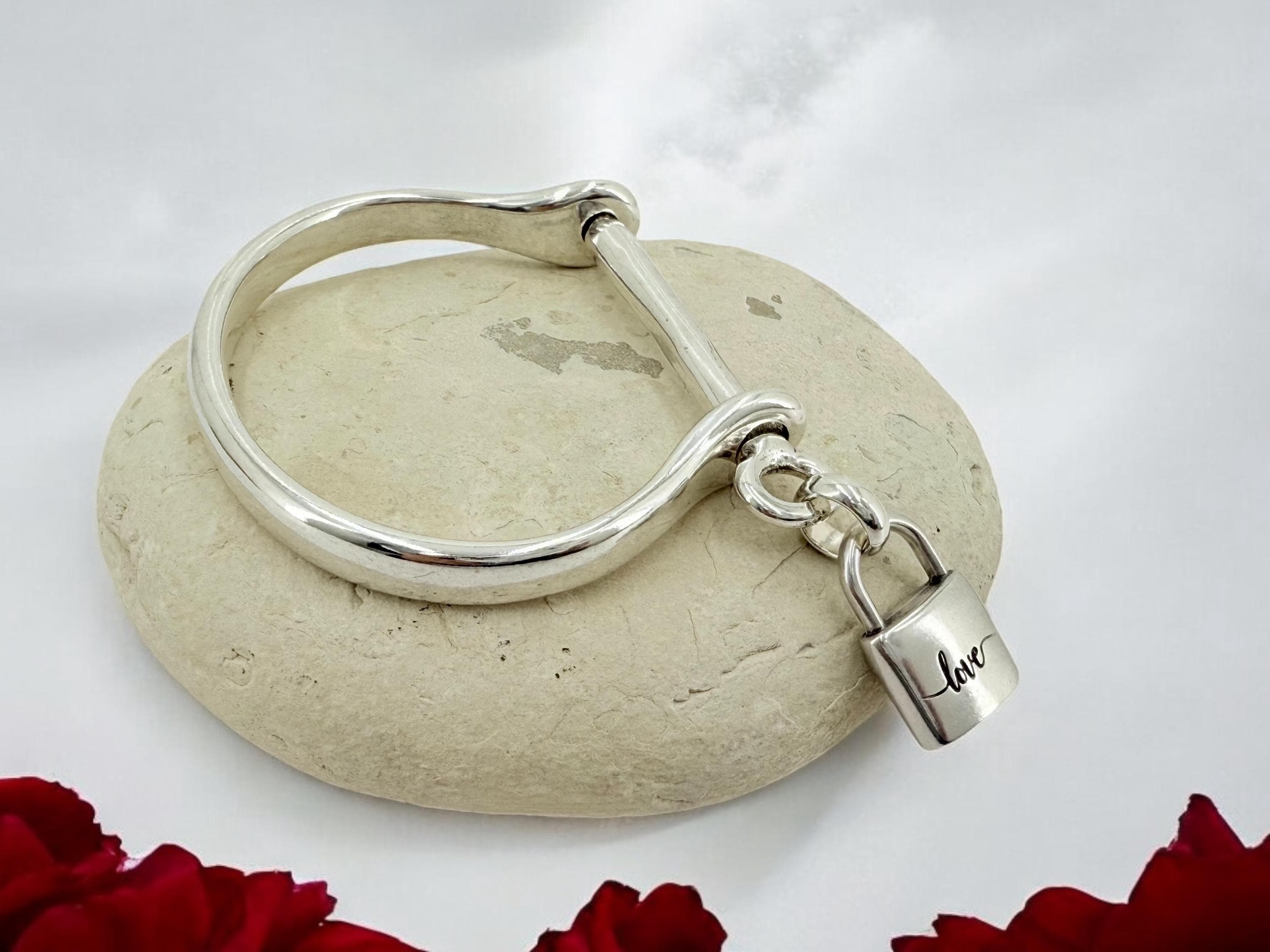Womens silver cuff rigid bracelet, padlock handcuff