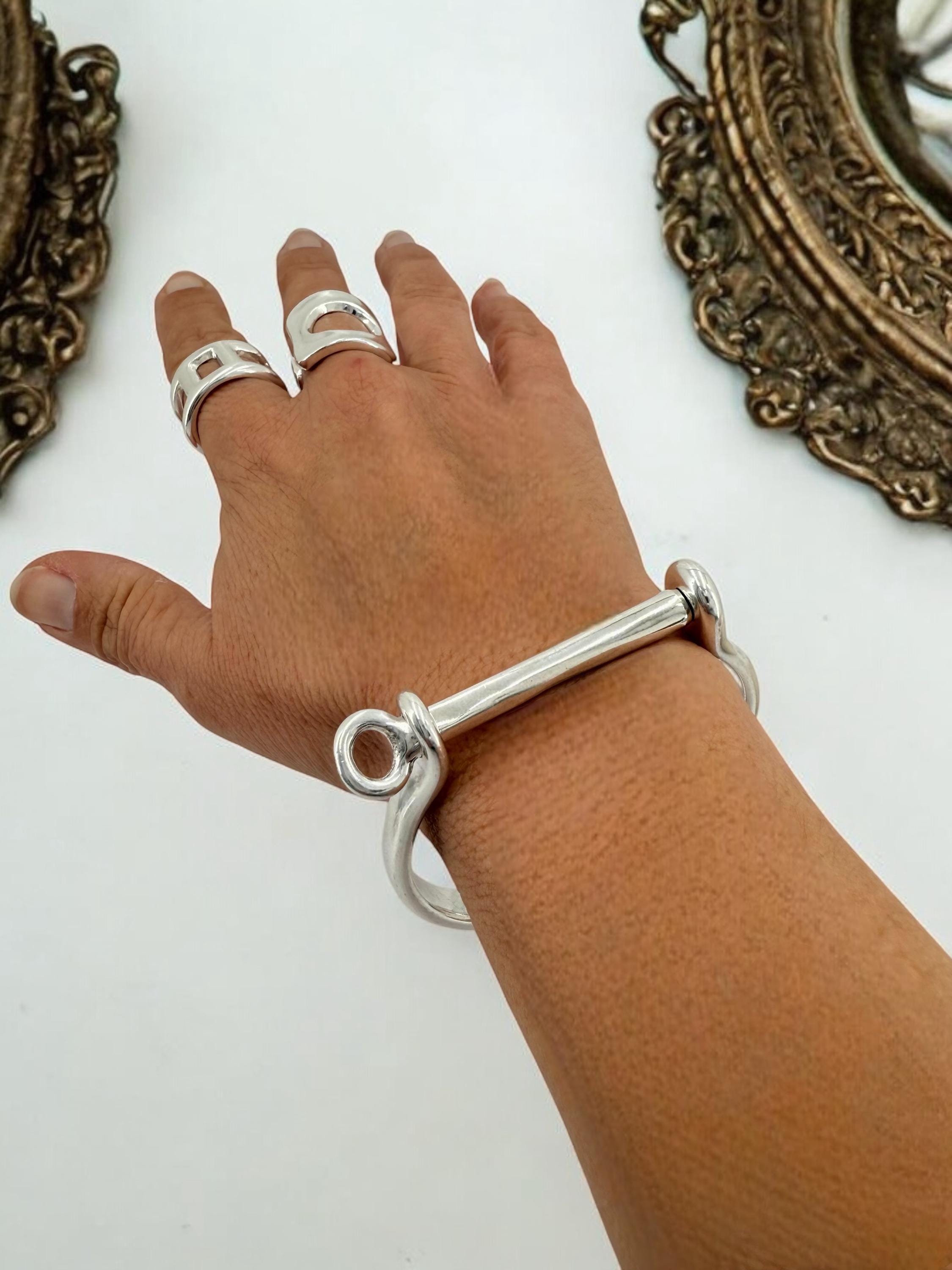 Womens silver cuff rigid bracelet, padlock handcuff