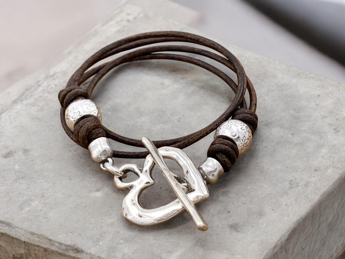 Leather multi strand bracelet with silver heart toggle clasp, handmade customized jewelry