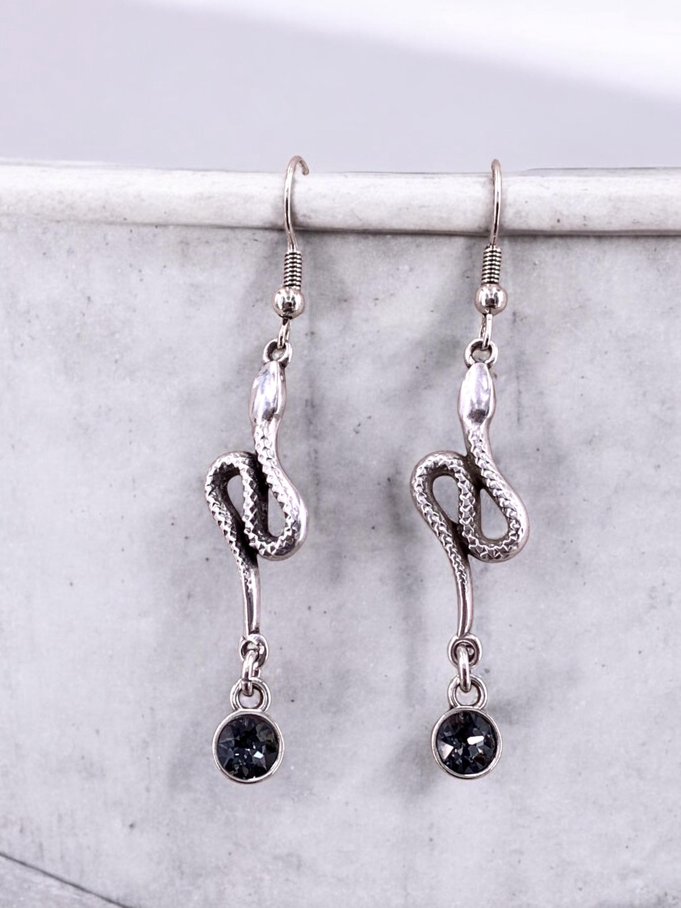 Snake shaped long silver dangling earrings with Swarovski crystal, stunning long earring, snake earrings, , valentines gift
