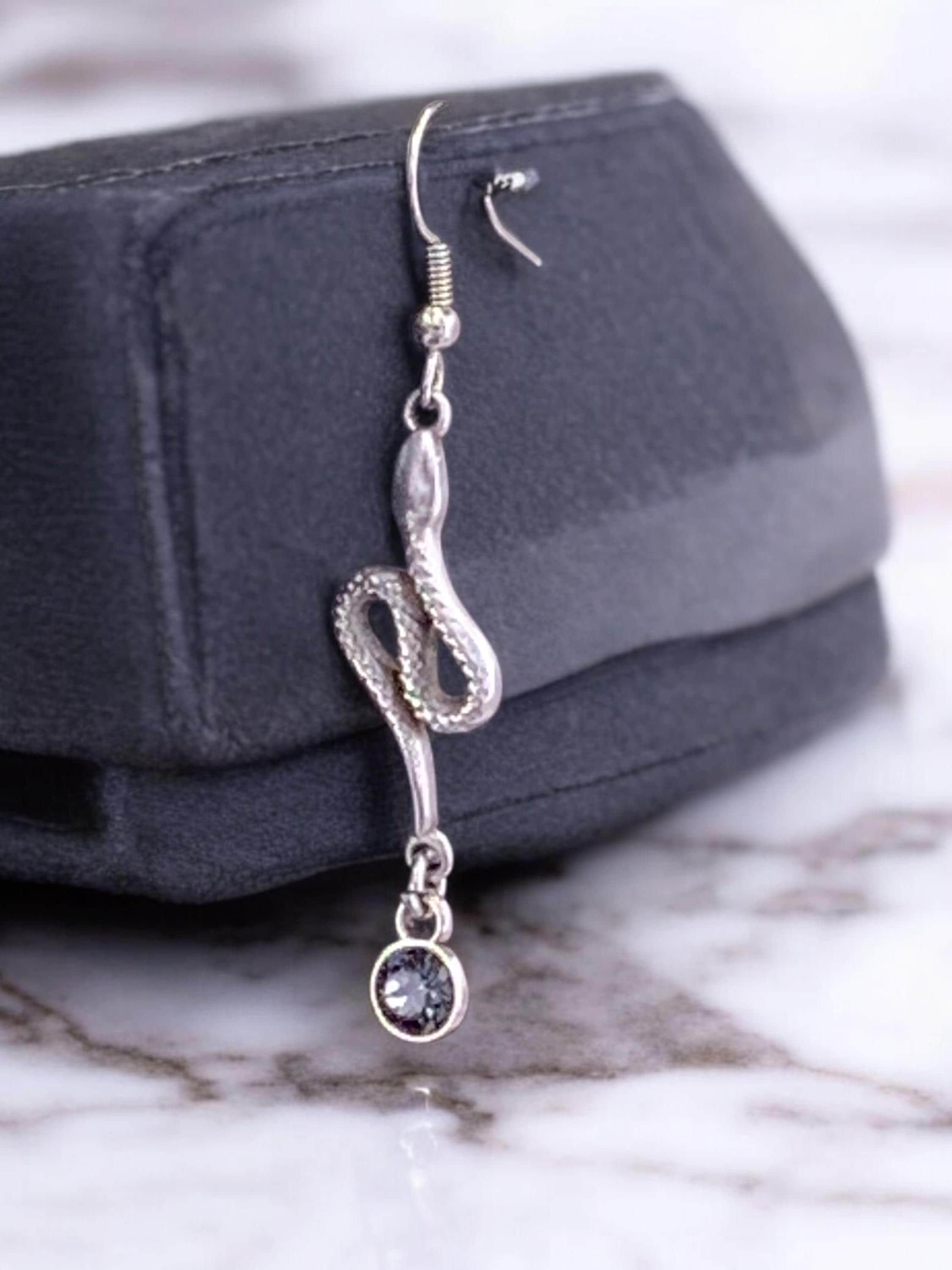Snake shaped long silver dangling earrings with Swarovski crystal, stunning long earring, snake earrings, , valentines gift