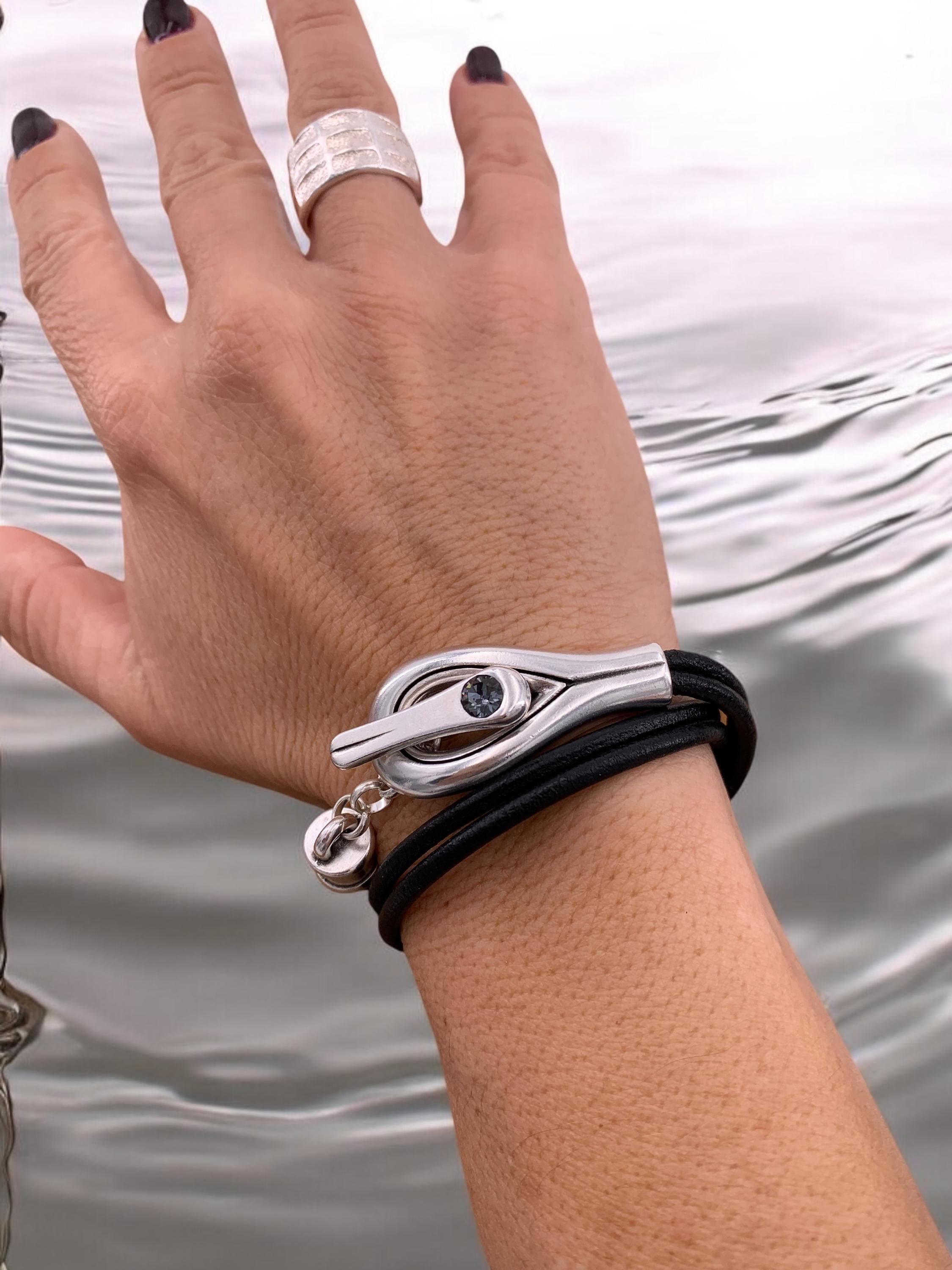 Artisian Leather Sterling Silver Plated Bracelet with toggle clasp and Swarovski Crystal, Bohemian Style