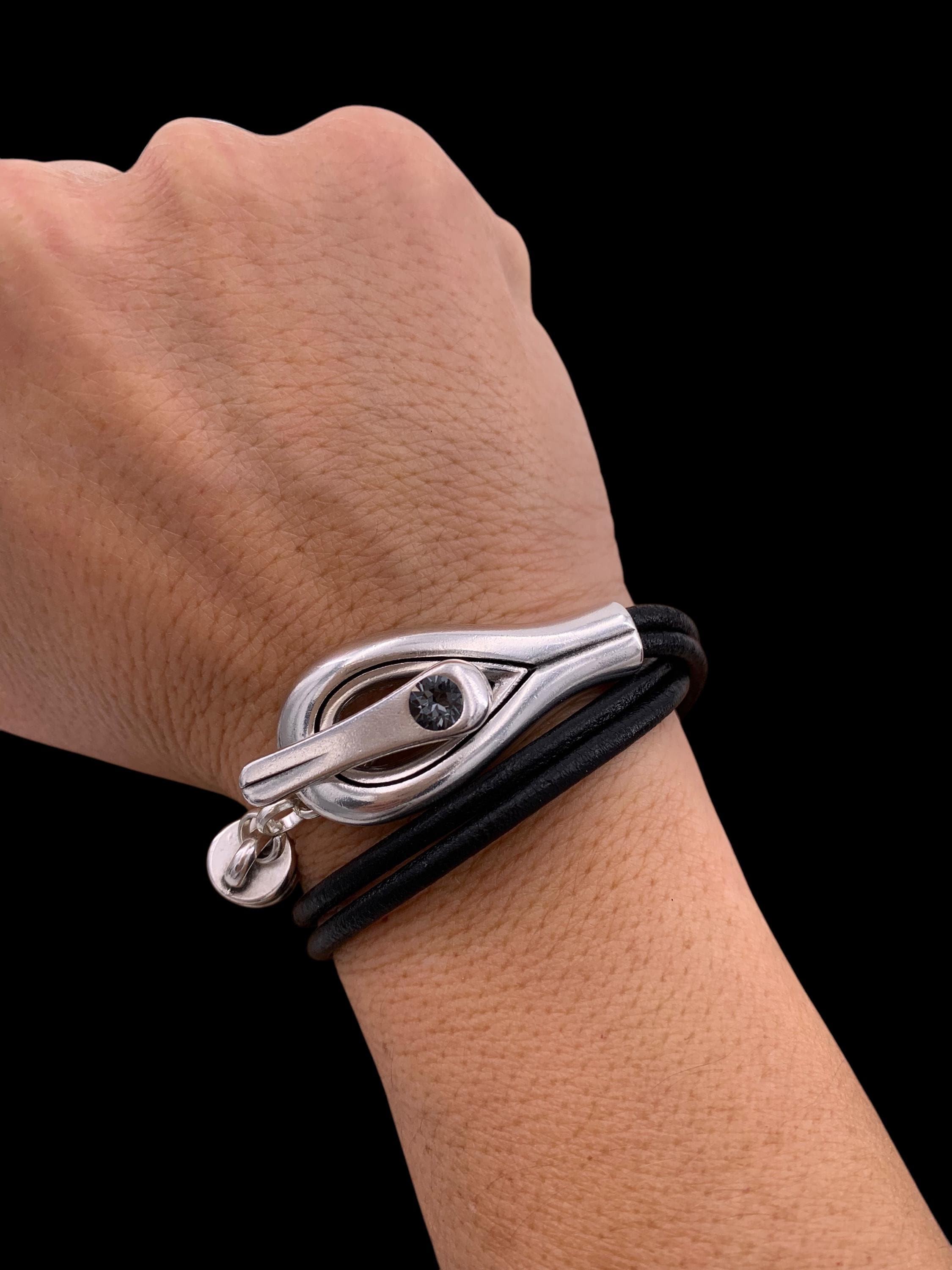Artisian Leather Sterling Silver Plated Bracelet with toggle clasp and Swarovski Crystal, Bohemian Style
