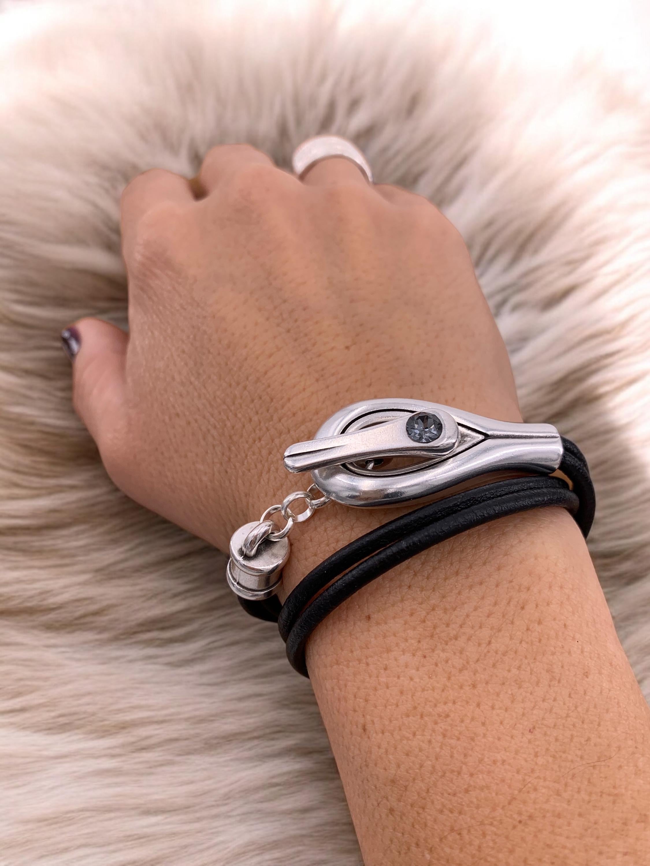 Artisian Leather Sterling Silver Plated Bracelet with toggle clasp and Swarovski Crystal, Bohemian Style