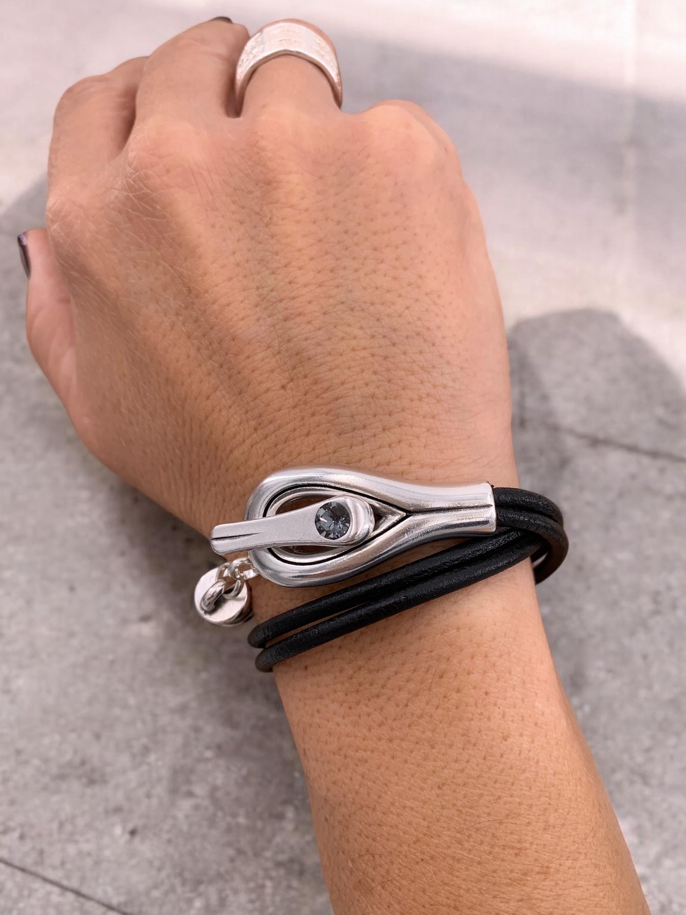 Artisian Leather Sterling Silver Plated Bracelet with toggle clasp and Swarovski Crystal, Bohemian Style
