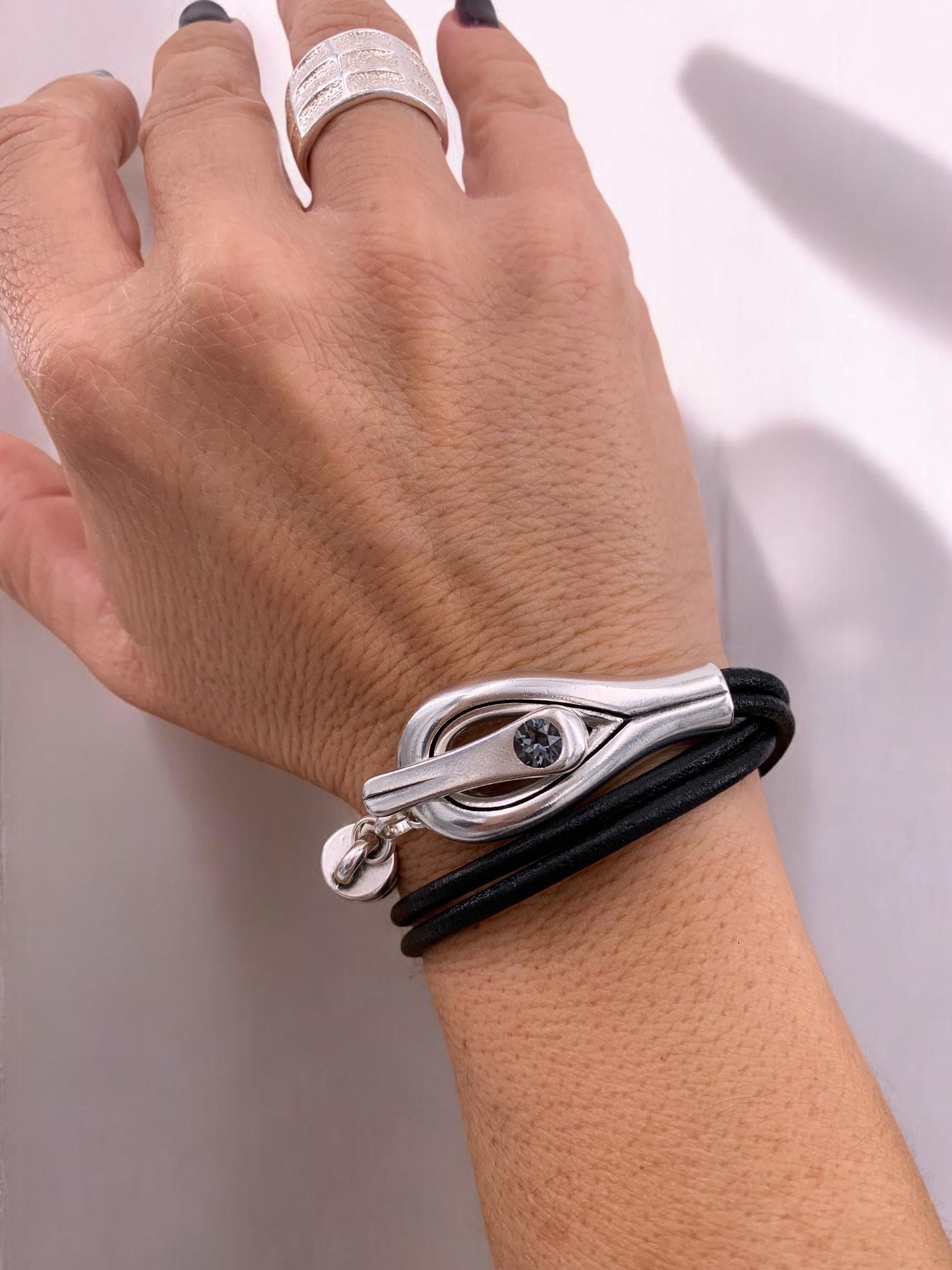 Artisian Leather Sterling Silver Plated Bracelet with toggle clasp and Swarovski Crystal, Bohemian Style