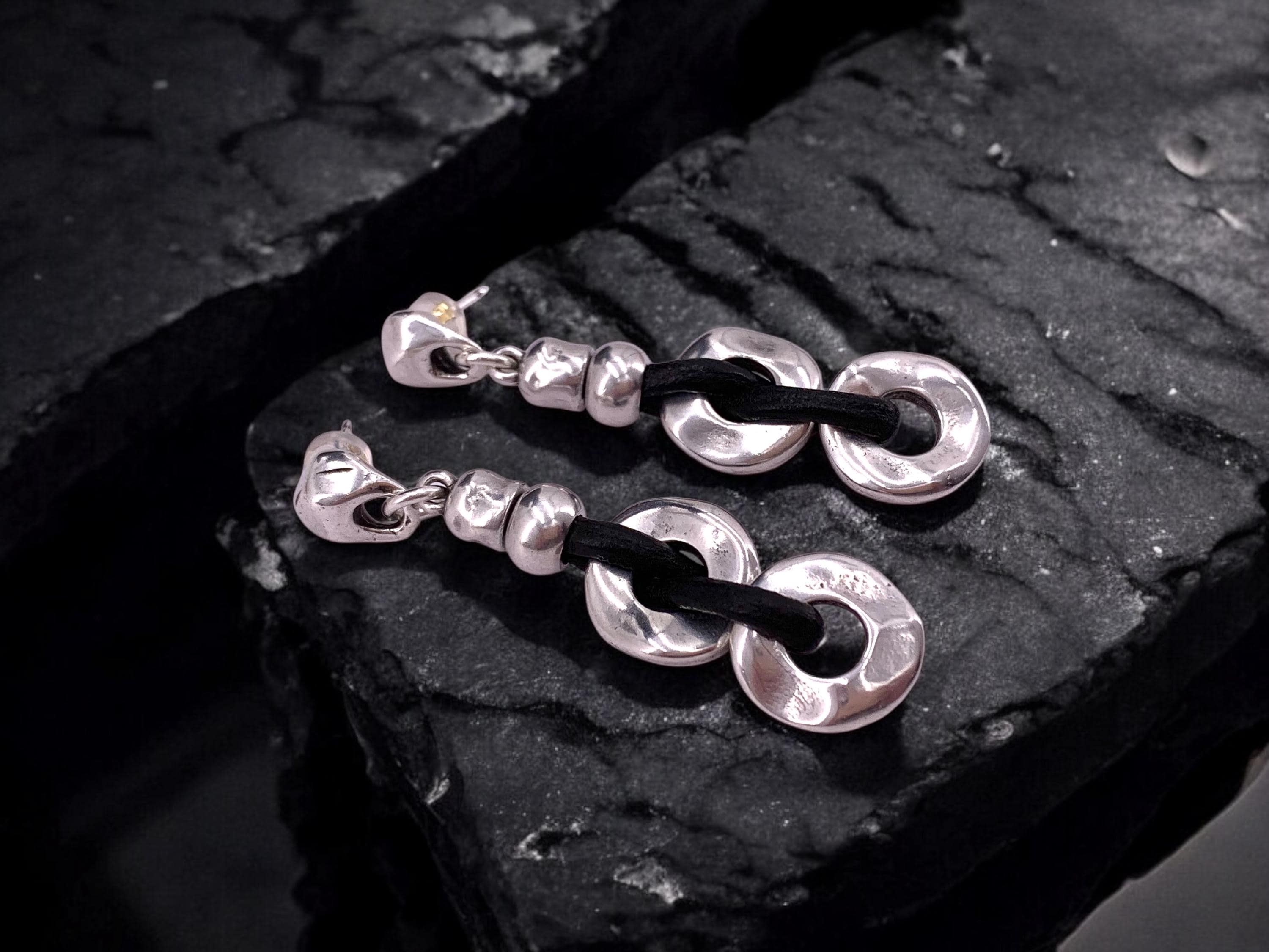 Chunky Silver-Plated oversized Chain Earrings with Spanish Leather – Artisan Statement Design by Kukuri -