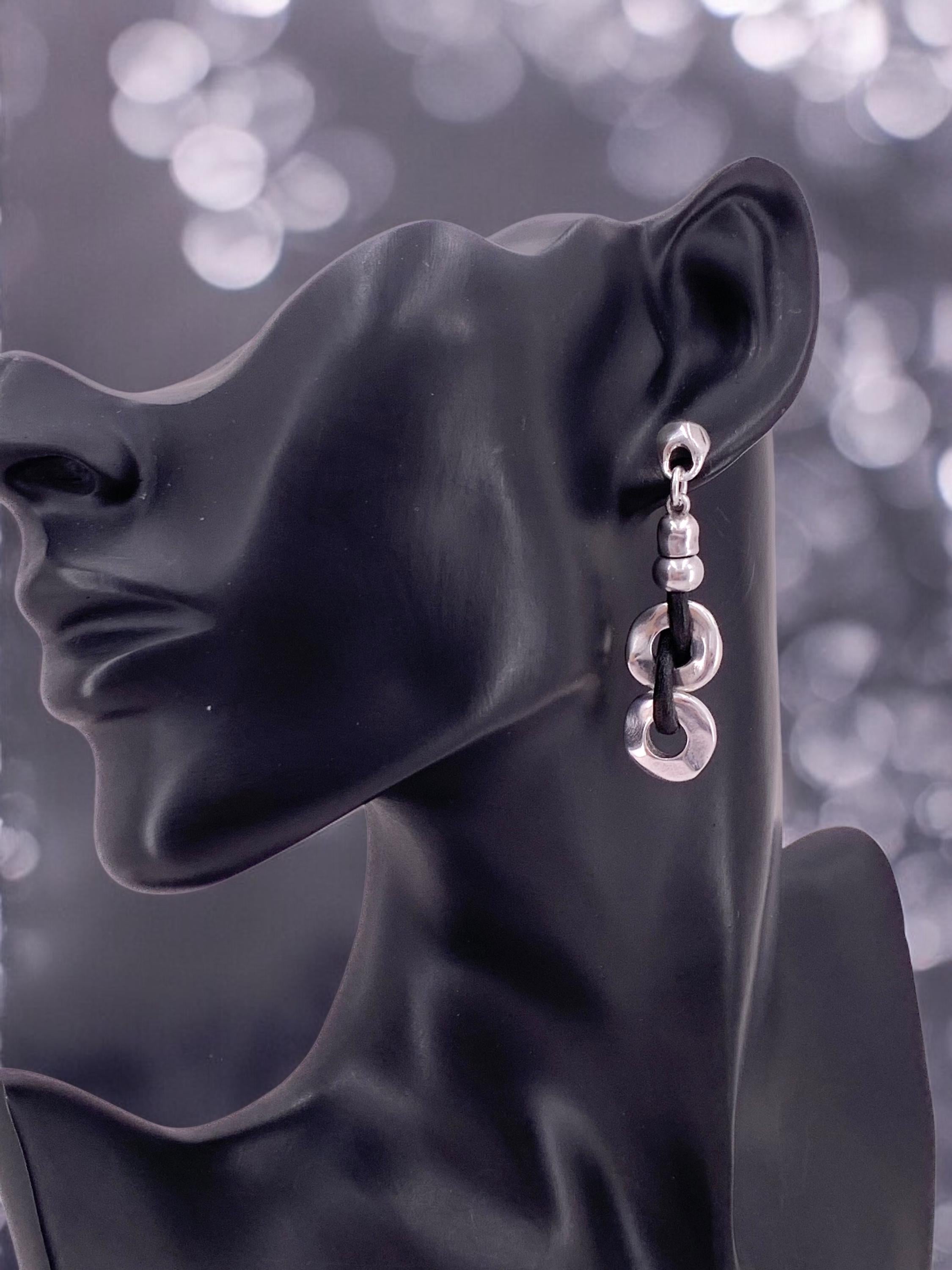 Chunky Silver-Plated oversized Chain Earrings with Spanish Leather – Artisan Statement Design by Kukuri -