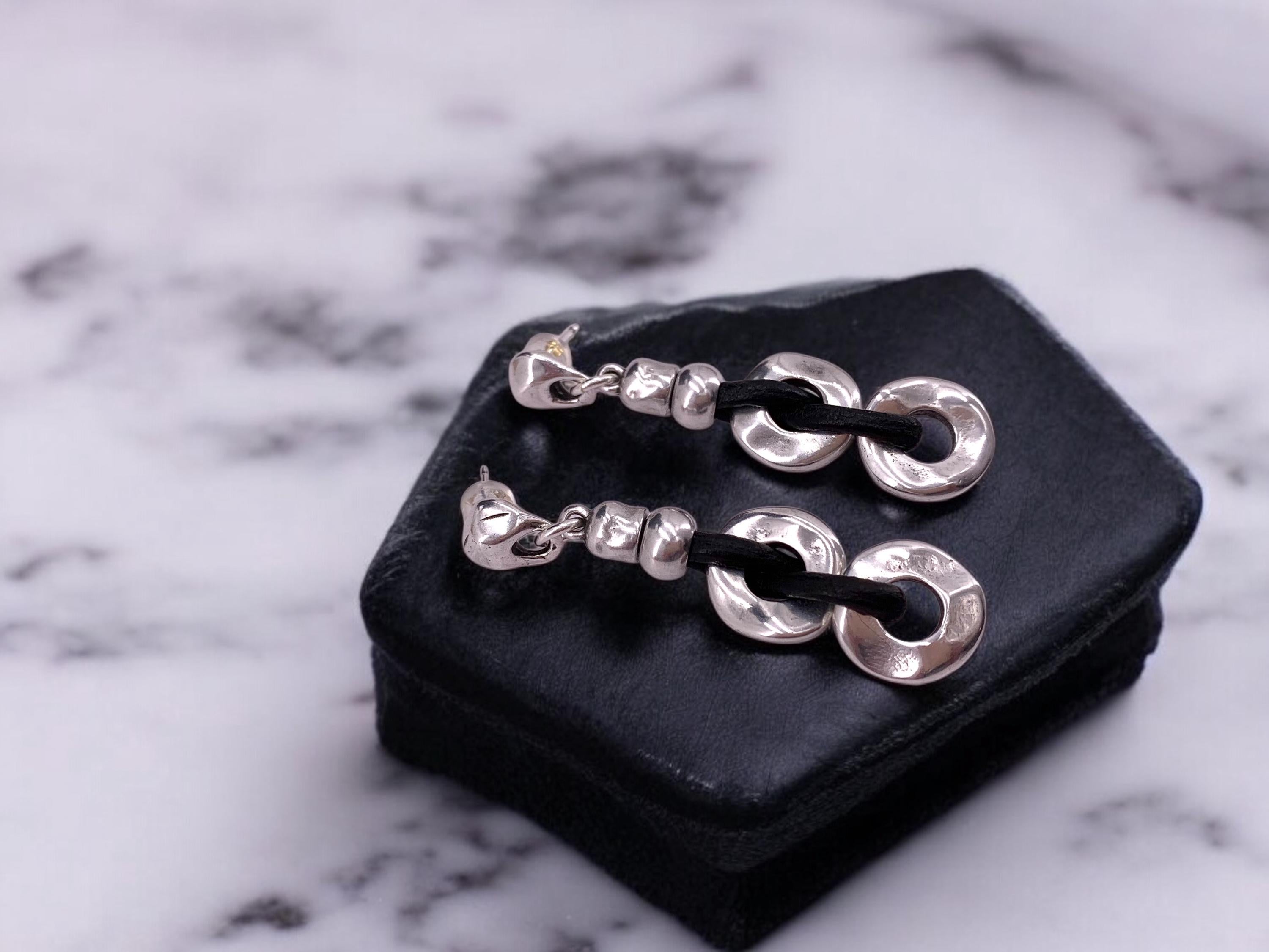 Chunky Silver-Plated oversized Chain Earrings with Spanish Leather – Artisan Statement Design by Kukuri -