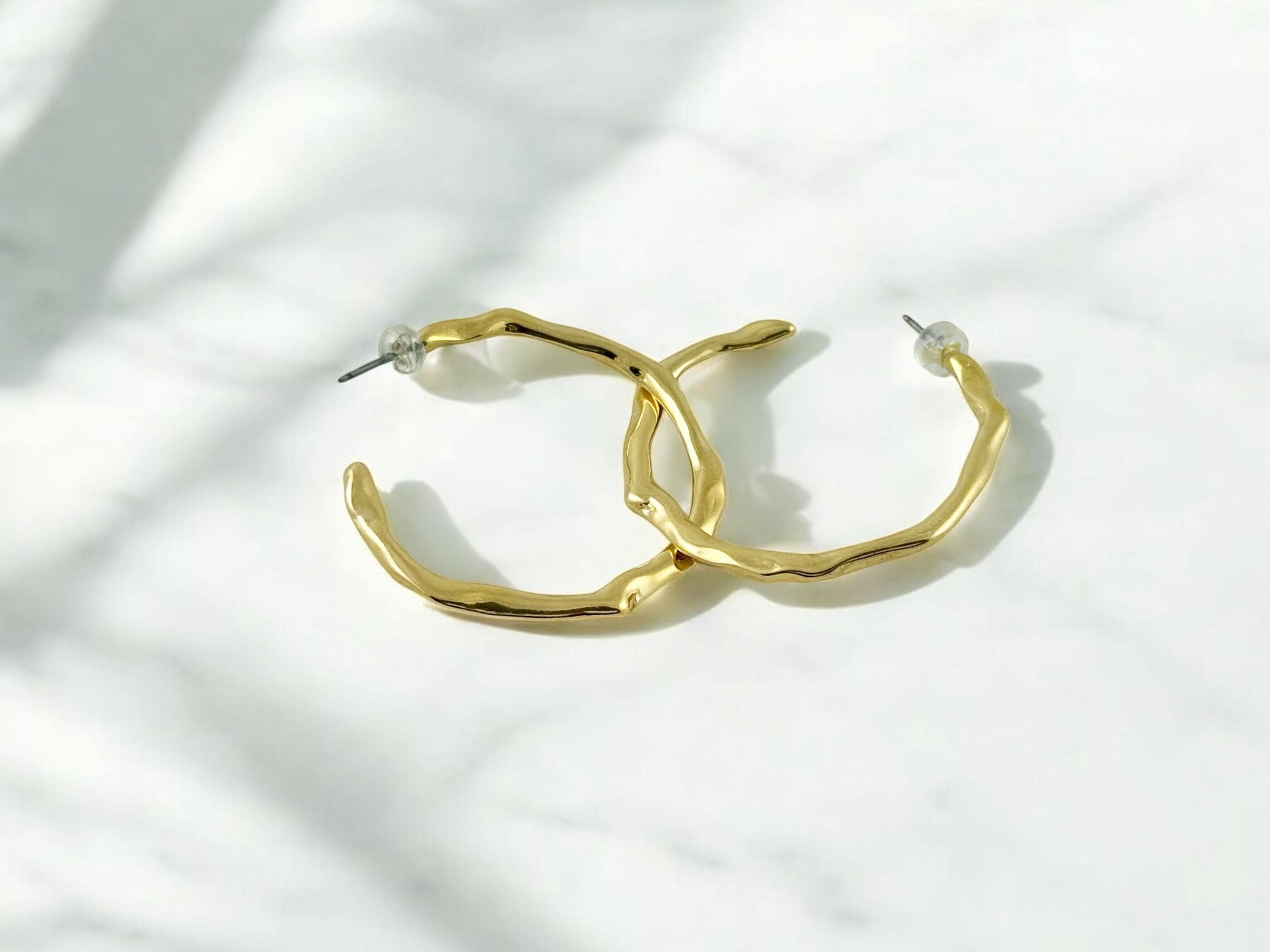 Large Organic Hammered Hoop Earrings, 24k Gold or Silver Plating, Surgical Steel Posts