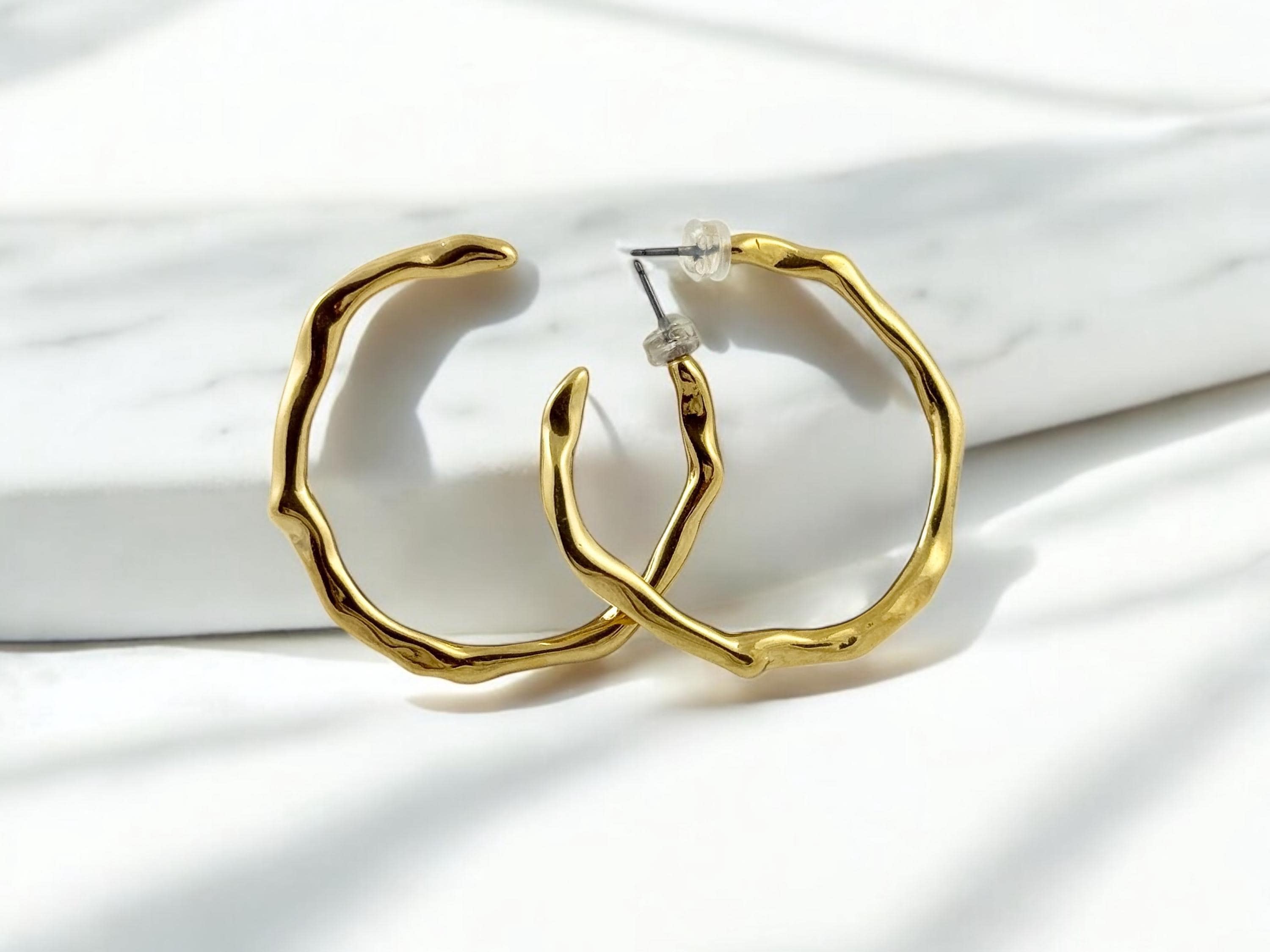 Large Organic Hammered Hoop Earrings, 24k Gold or Silver Plating, Surgical Steel Posts