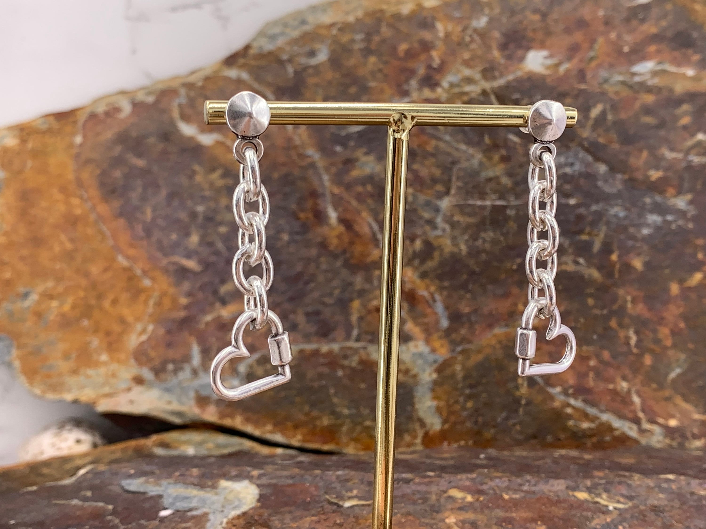Silver chunky dangle earrings with heart pendant charm, long boho studs. Handmade