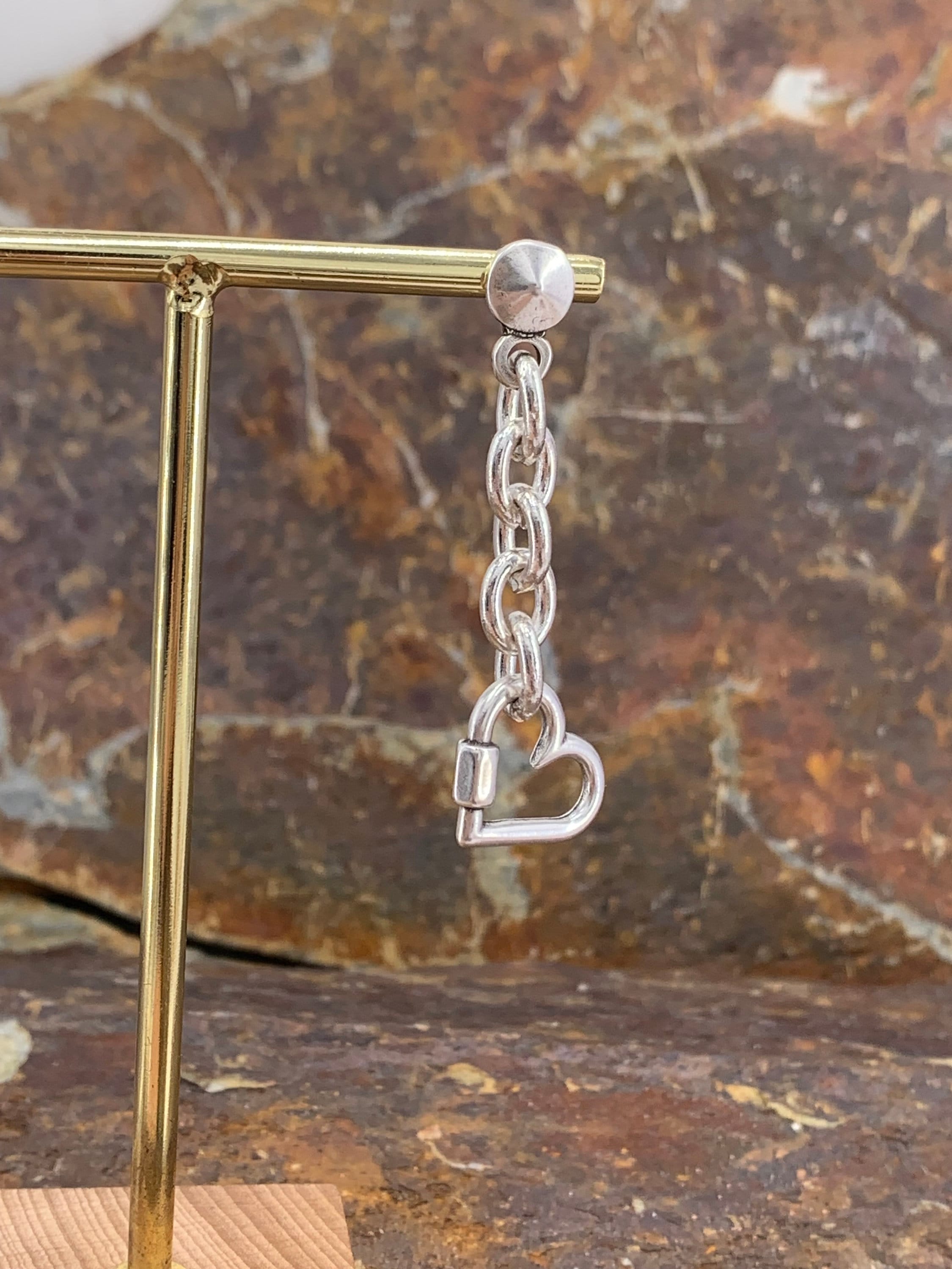 Silver chunky dangle earrings with heart pendant charm, long boho studs. Handmade