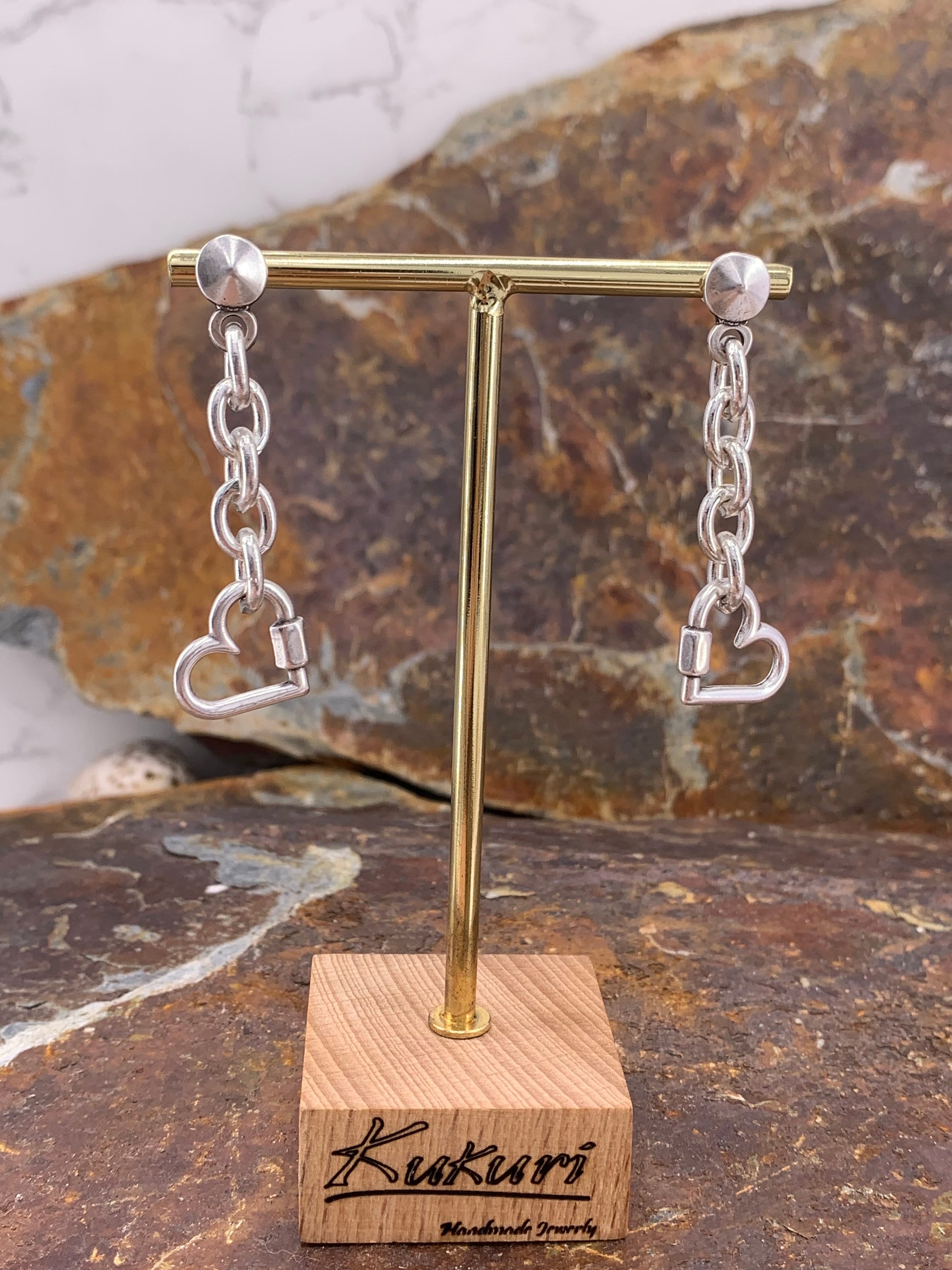 Silver chunky dangle earrings with heart pendant charm, long boho studs. Handmade