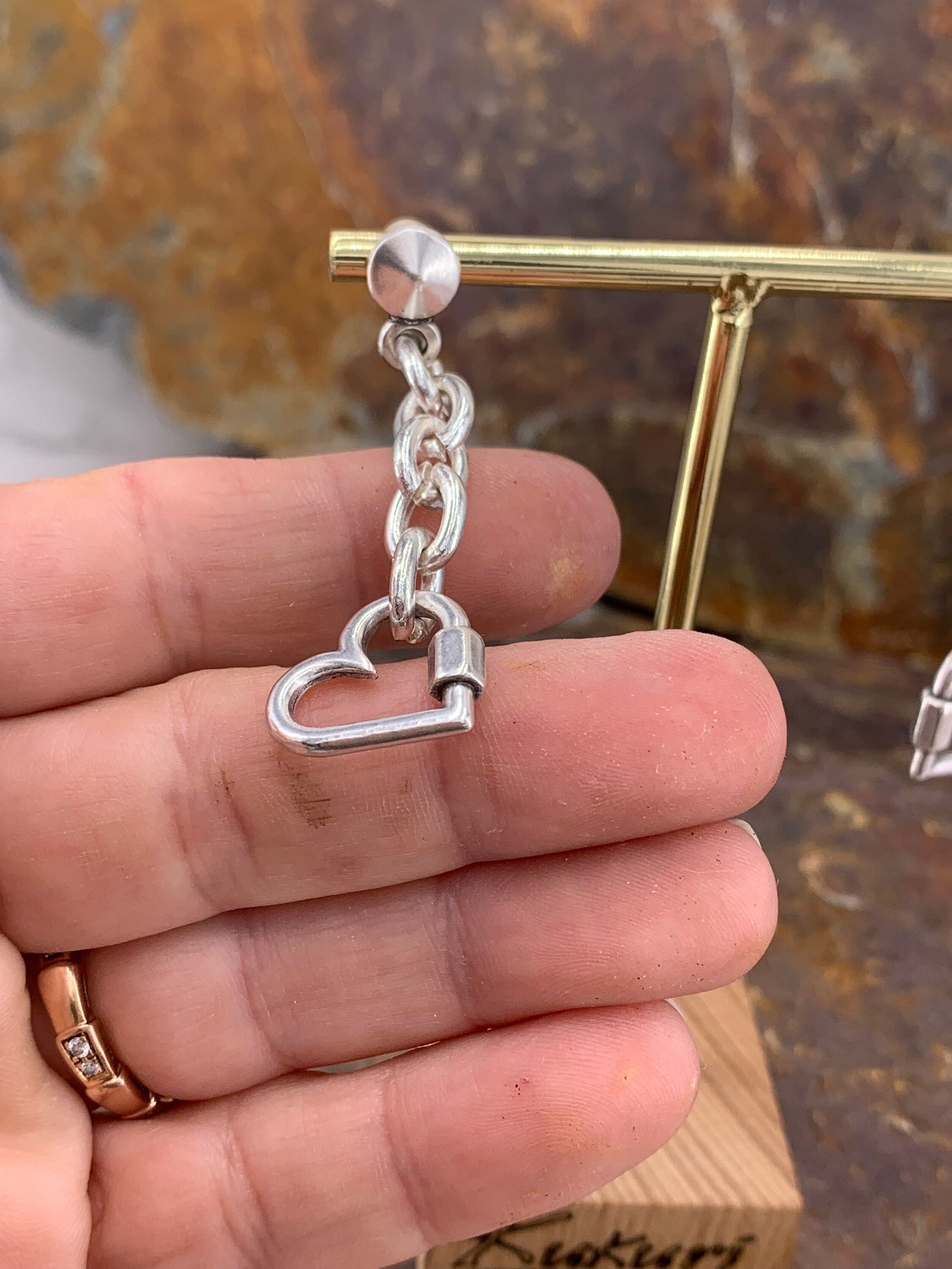 Silver chunky dangle earrings with heart pendant charm, long boho studs. Handmade