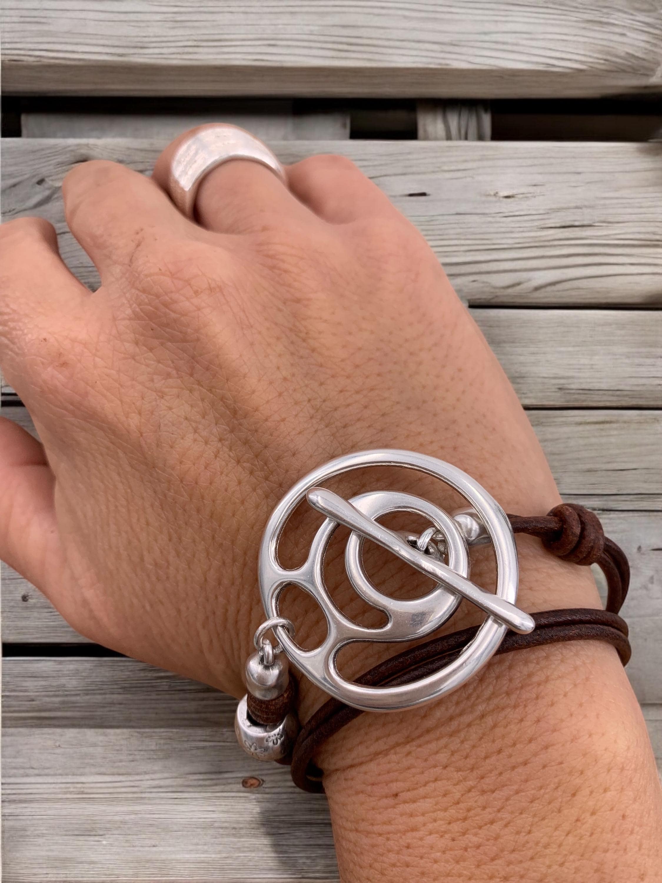 Artisian Multi-Strand Leather Wrap Bracelet with Silver plated Toggle Clasp,  Boho Ethnic Style
