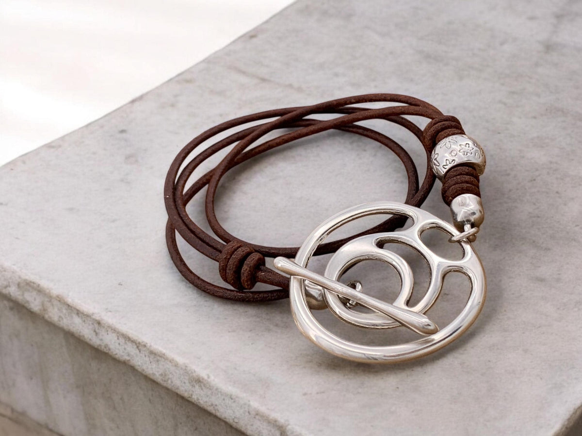Artisian Multi-Strand Leather Wrap Bracelet with Silver plated Toggle Clasp,  Boho Ethnic Style