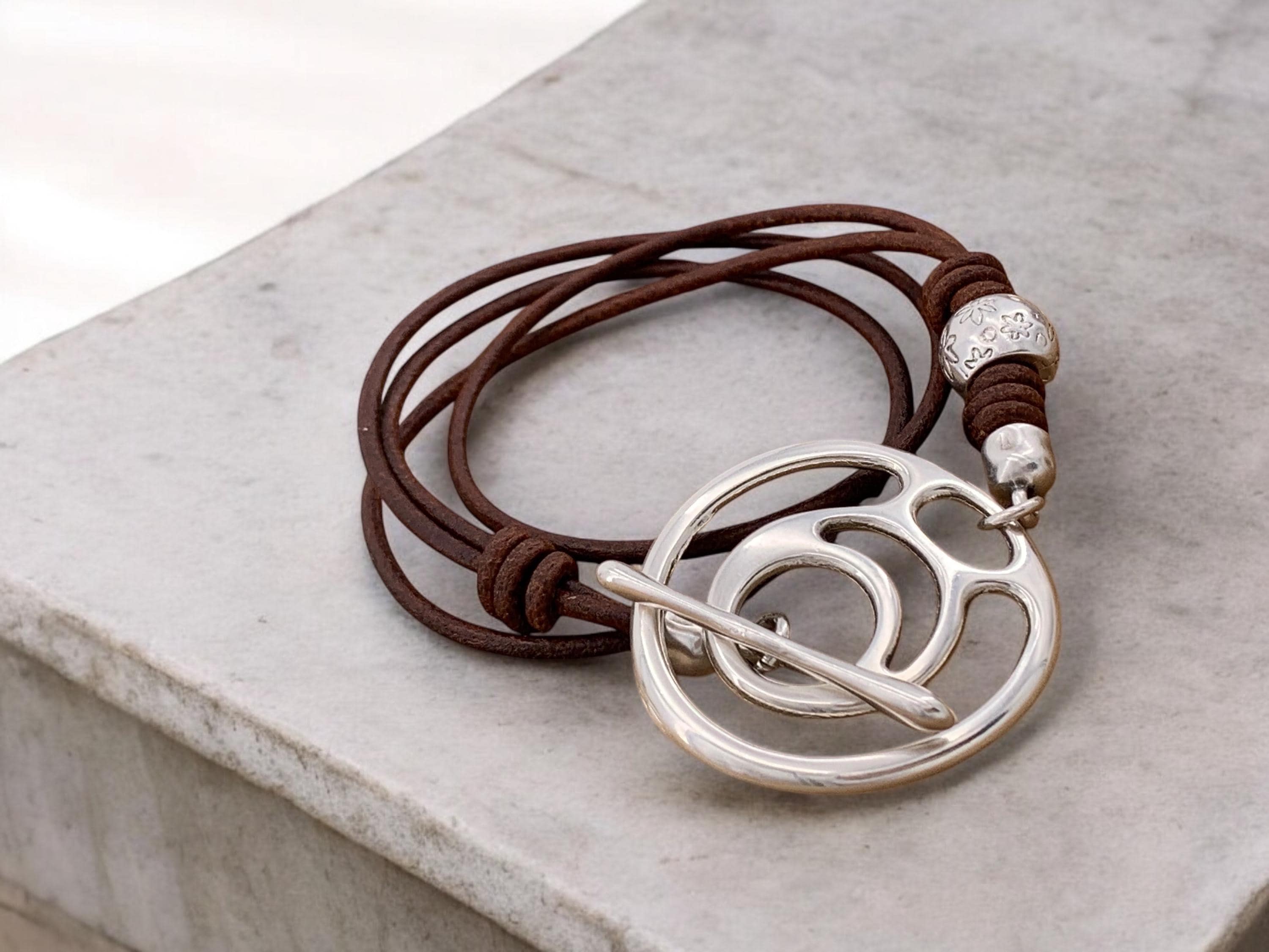 Artisian Multi-Strand Leather Wrap Bracelet with Silver plated Toggle Clasp,  Boho Ethnic Style