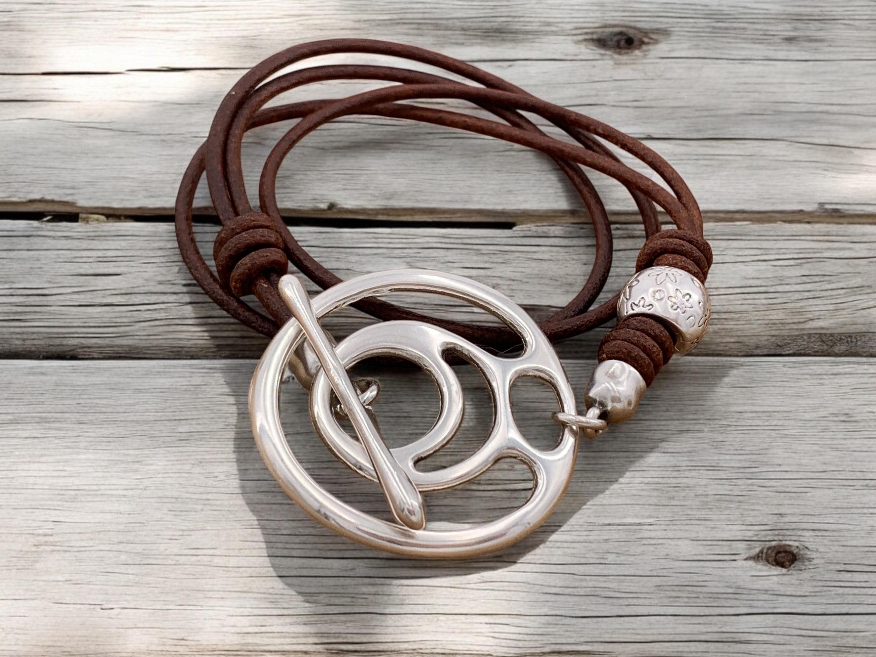 Artisian Multi-Strand Leather Wrap Bracelet with Silver plated Toggle Clasp,  Boho Ethnic Style