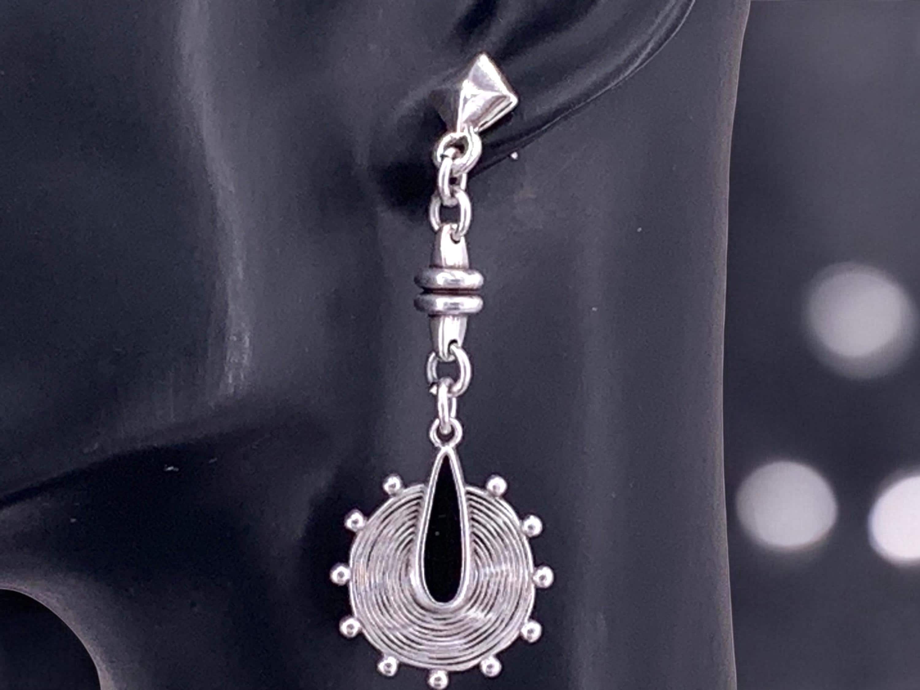 Long drop silver plated Dangle tribal design earrings, Bohemian style jewelry