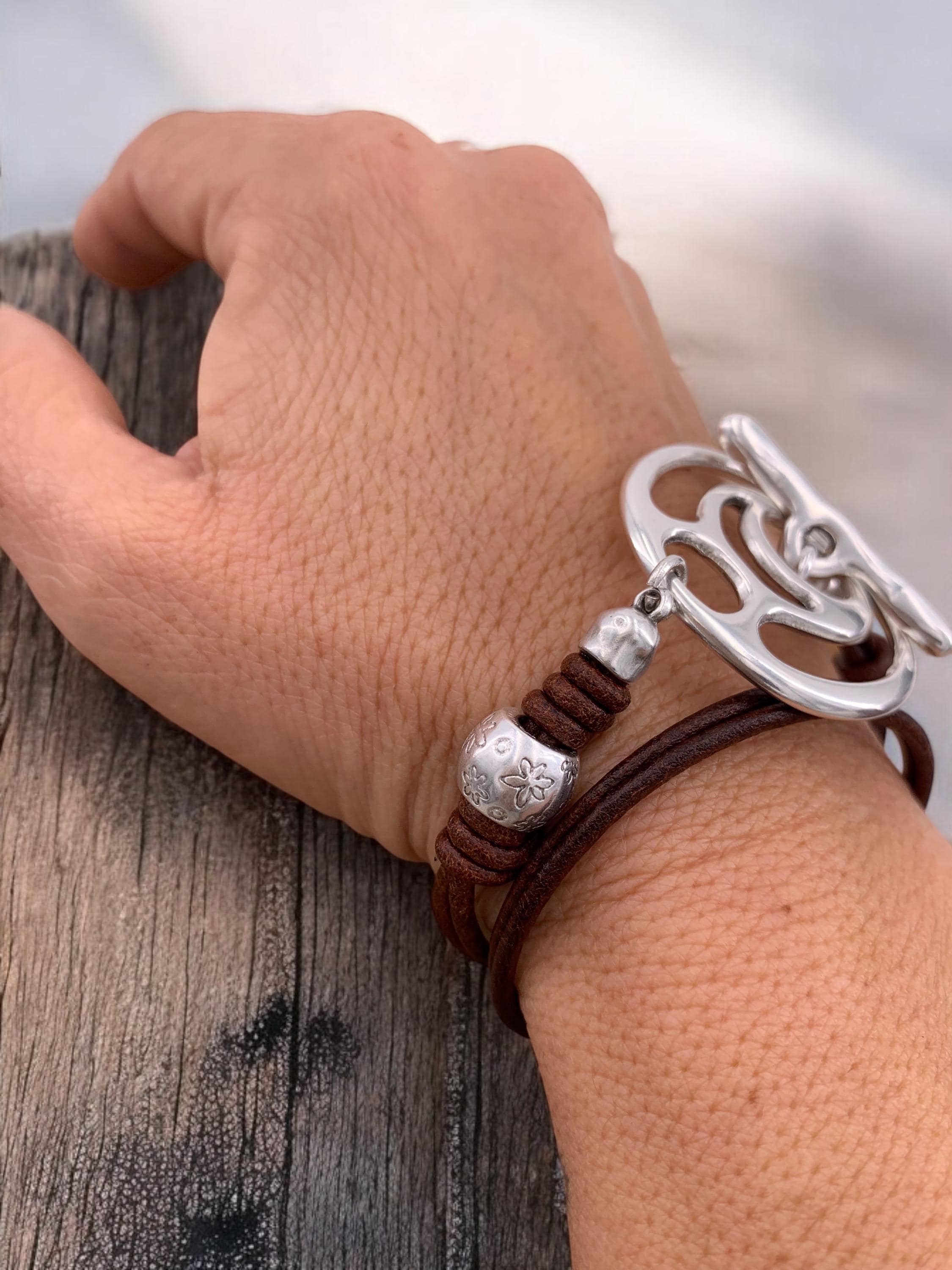 Artisian Multi-Strand Leather Wrap Bracelet with Silver plated Toggle Clasp,  Boho Ethnic Style