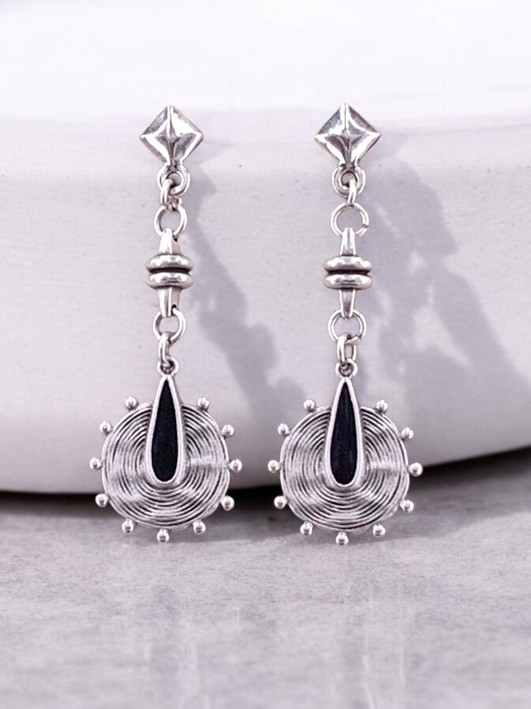 Long drop silver plated Dangle tribal design earrings, Bohemian style jewelry