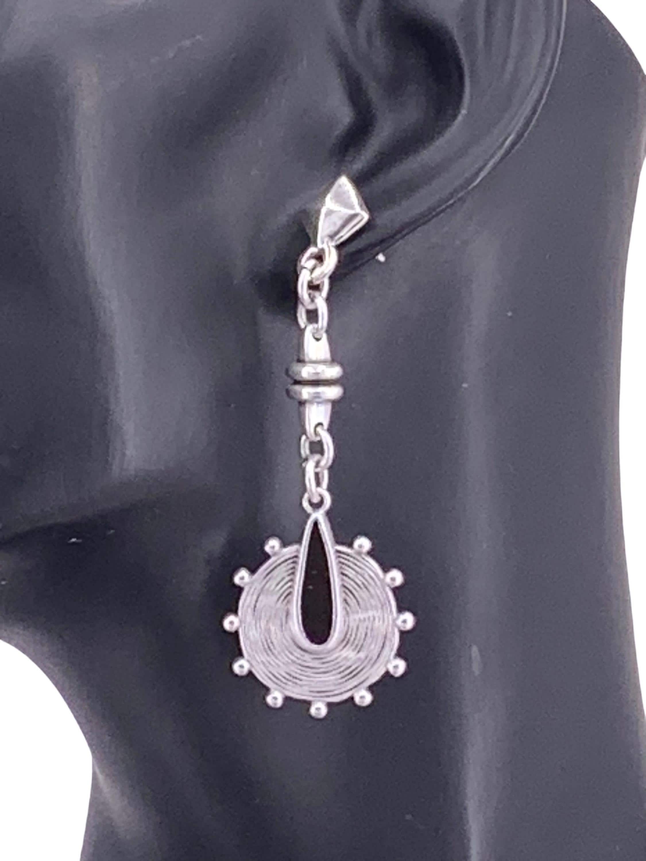Long drop silver plated Dangle tribal design earrings, Bohemian style jewelry