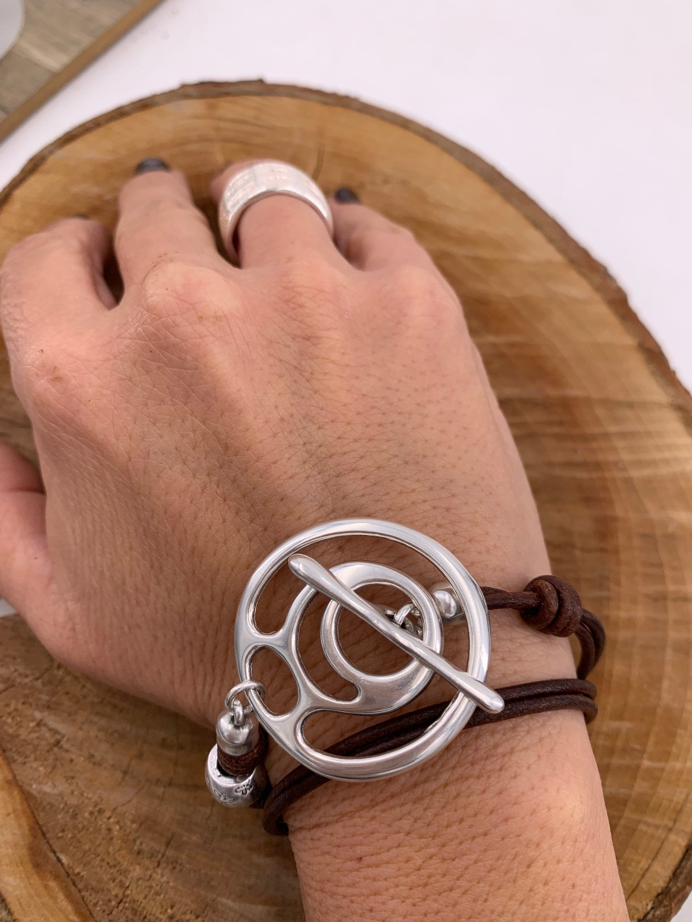 Artisian Multi-Strand Leather Wrap Bracelet with Silver plated Toggle Clasp,  Boho Ethnic Style
