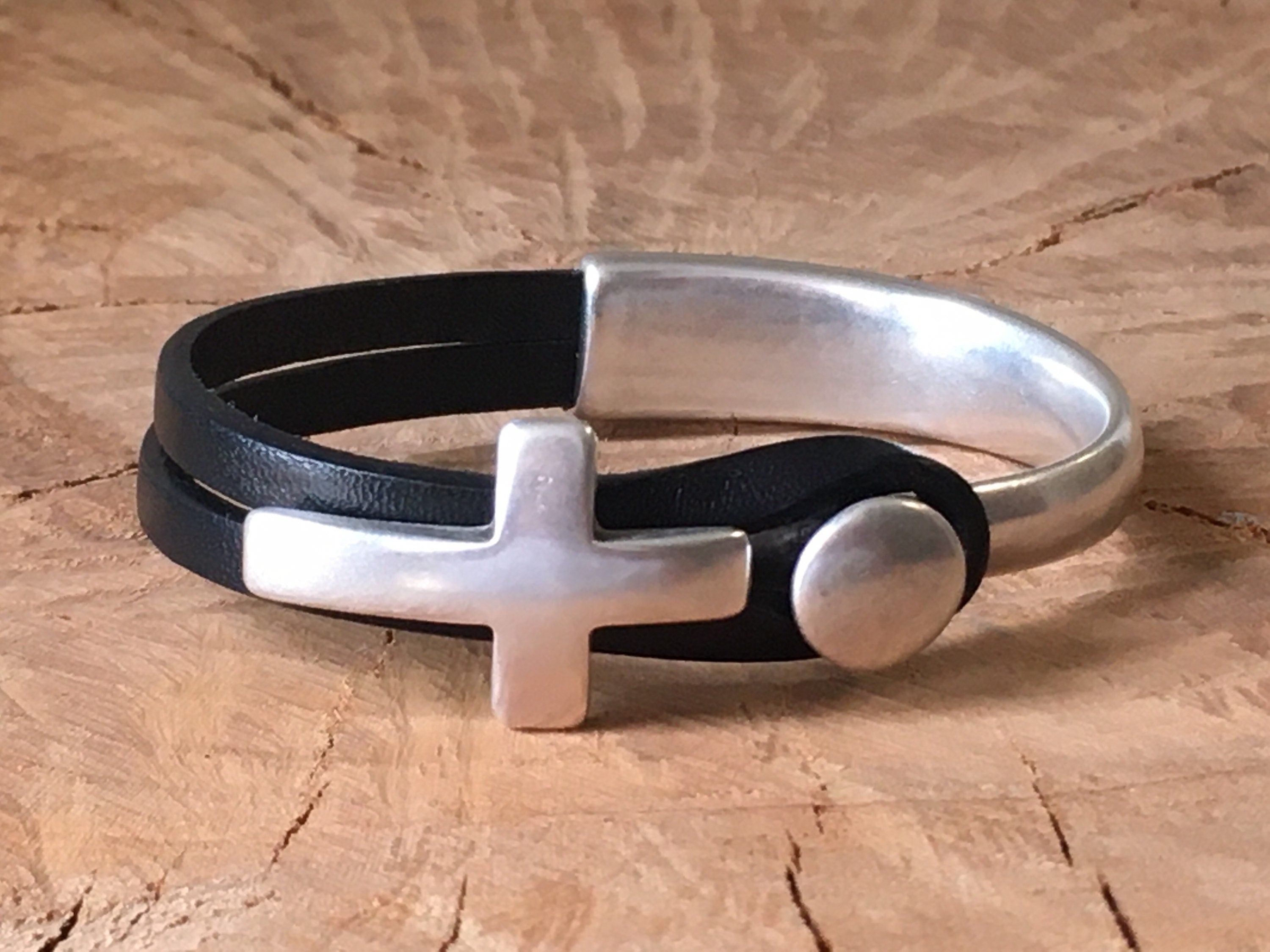 Unisex leather half cuff bracelet with silver plated cross, handmade custom jewelry