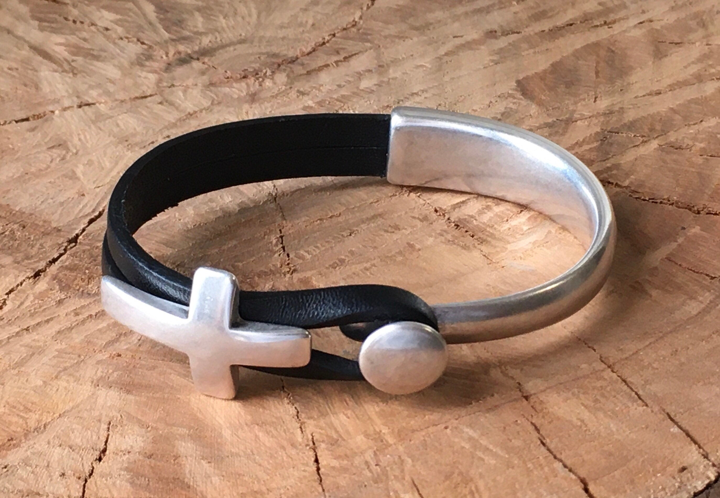 Unisex leather half cuff bracelet with silver plated cross, handmade custom jewelry