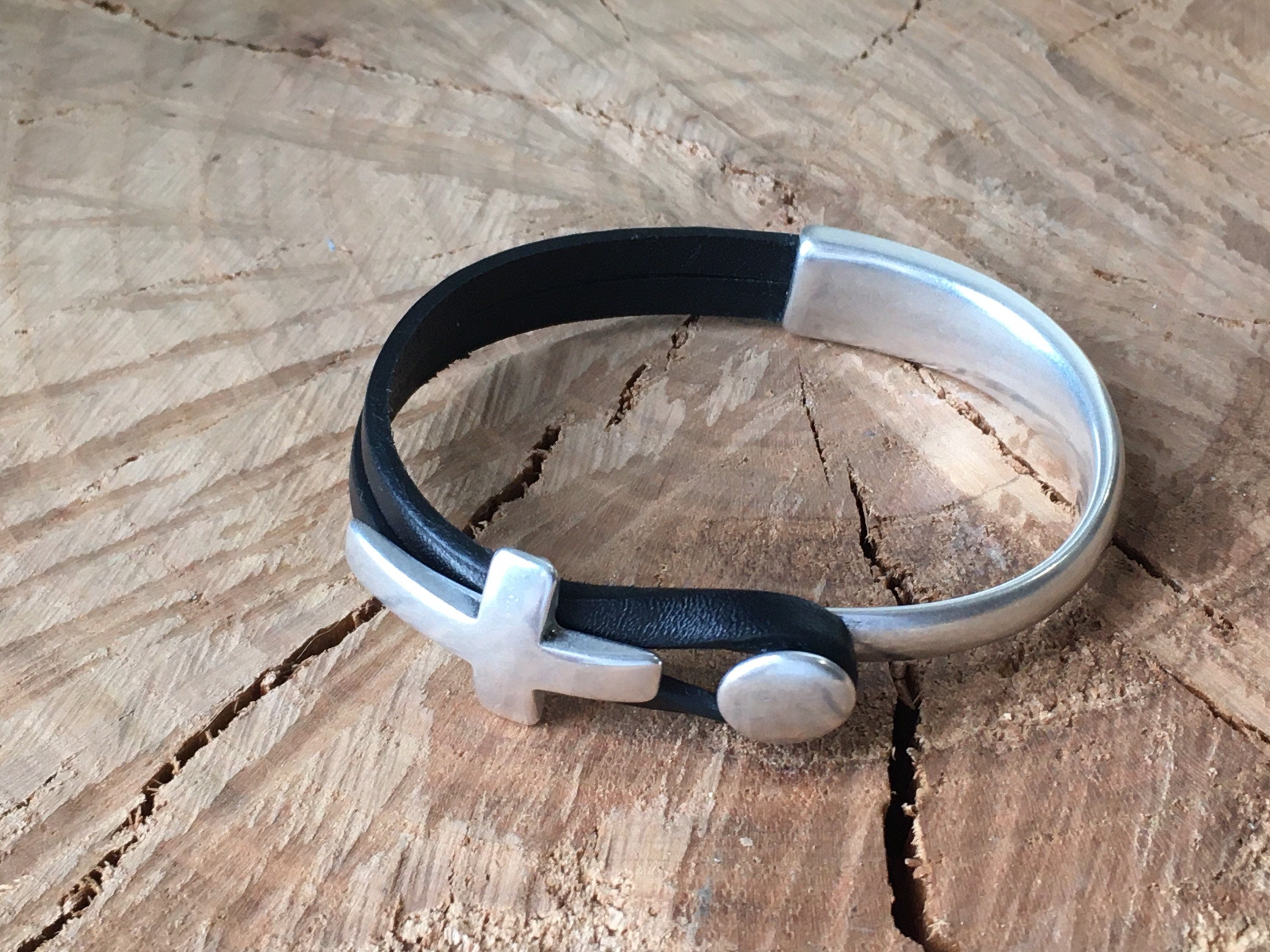 Unisex leather half cuff bracelet with silver plated cross, handmade custom jewelry